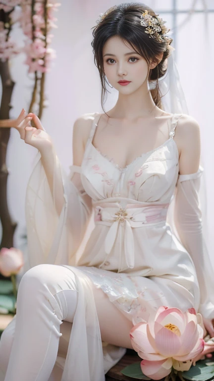 ulzang-6500-v1.1,(RAW photo:1.2), (Photorealistic:1.4), Beautiful Meticulous Girl, very detailed eyes and faces, Beautiful detailed eyes, absurderes, unbelievable Ridiculous, hugefilesize, ultra - detailed, A high resolution, The is very detailed,best qualtiy,tmasterpiece,kemomimi,((Middle-aged women wear Hanfu,silkouette,Lace)),Wearing Chinese Hanfu,((White stockings with lace))Lively posture,facing to audience,Charming,Stunner,Bigchest,low chest,cleavage,The is very detailed,Viewer's POV,CG,unified,8k 壁纸,Amazing Cleavage,finely detailled,tmasterpiece,best qualtiy,The is very detailed的 CG unified 8k 壁纸,light in face,cinmatic lighting, 1girll,(full body2.0),Raised sexy,cropped shoulders,(jiayi:1.5), closeup cleavage, tmasterpiece, best qualtiy, RAW photogr, realisticlying, the face, Incredibly Ridiculous res, depth of fields, A high resolution, ultra - detailed, finedetail, The is very detailed, Extremely detailed eyes and face, Sharp pupils, realistic pupil, tack sharp focus, cinmatic lighting