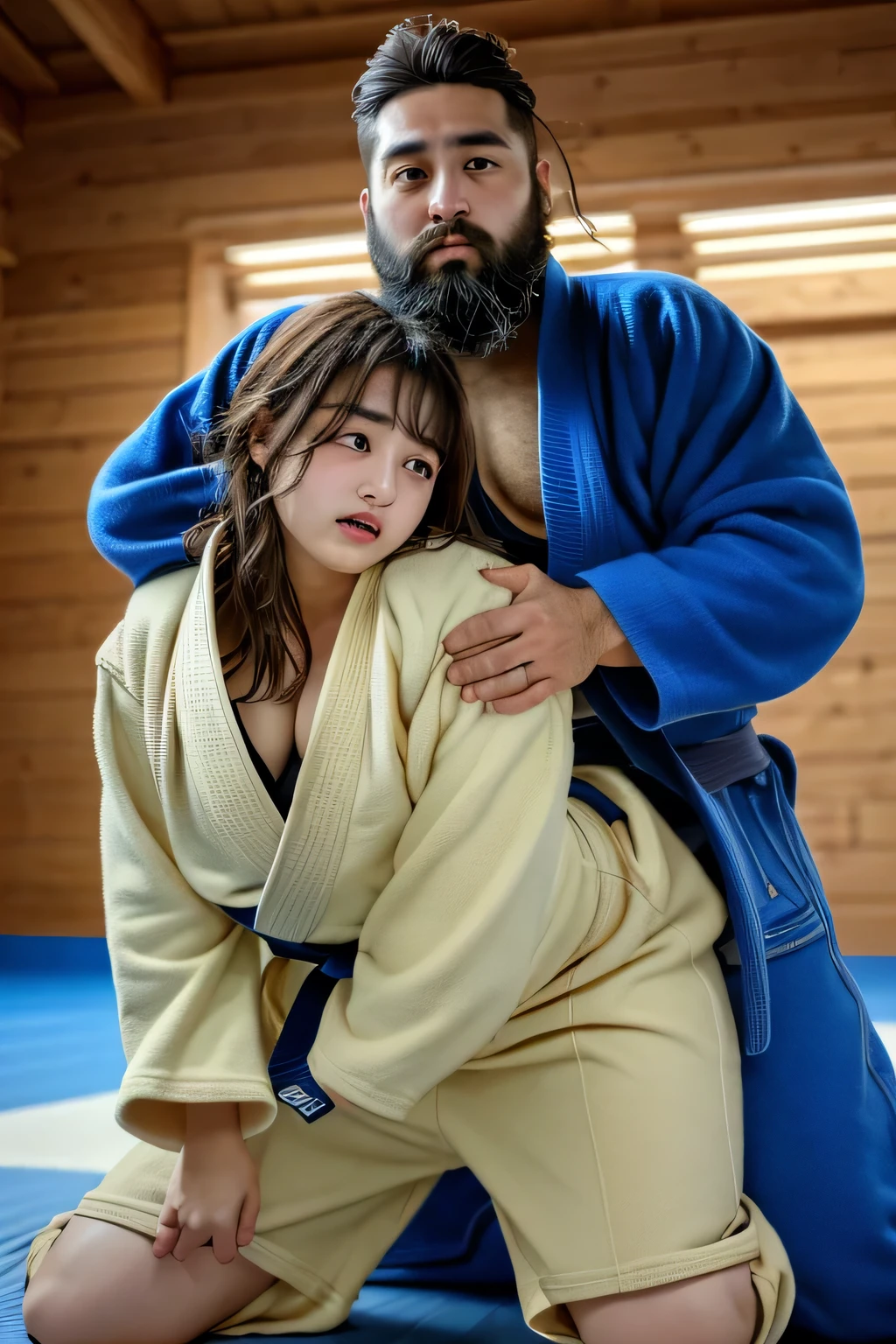 ( masterpiece 、 top quality、 Ultra high resolution )、( perfect face、 facial beauty、 beautiful eyes )、( on all fours、slouch、judo),、Bearded man grabs woman's hair from behind、 man who fights in judo gets strangled from behind、 man sticking out his hips grabs his chest from behind