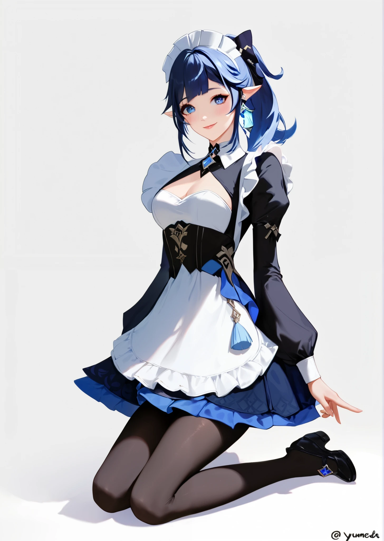 1girl, genshin impact, mishima kurone, yumemizuki mizuki, blue hair, maid headdress, pointy ears, twisted torso, full body, maid, dress, solo, simple background, closed mouth, white background, ponytail, shorts under dress, blue eyes, pantyhose, kneeling, blush, twitter username, looking at viewer, smile, long sleeves, stand masterpiece \(genshin impact\), black pantyhose, newest, absurdres, safe