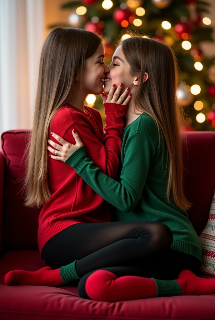 s , baby facebrand new, , delicate, smiling, at home, very long and straight hair , black and red leggings, Christmas mood , pantyhose , Photo, realistic, real, kissing, se kissing s, two girls together, lesbians