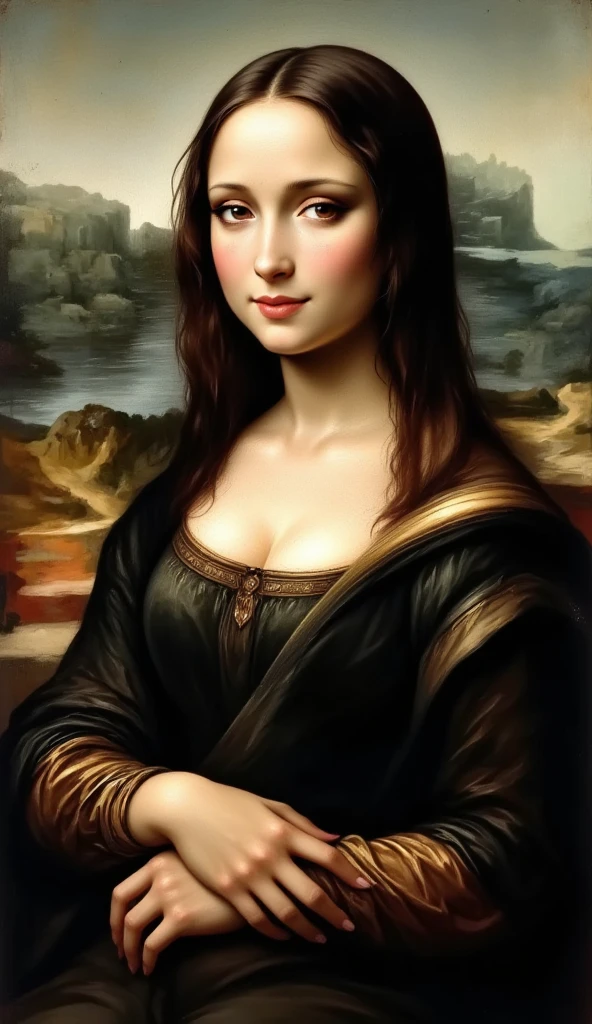 masterpiece, high detailed, busty Woman, anime version of the Mona Lisa, painting, huge boobs, black dress, smiling, cleavage, black hair, framed, picture frame