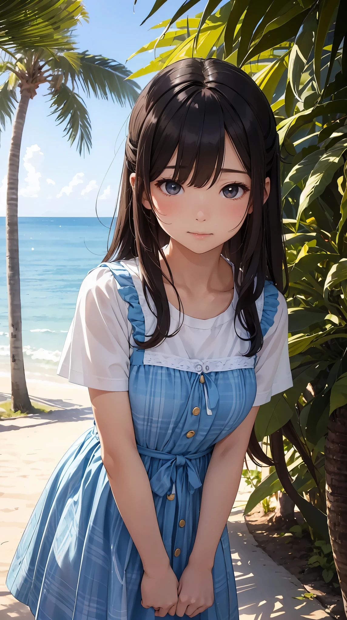 very cute and beautiful girl sitting near window, (yellow plaid summer dress with detailed frills),sleeveless,detailed lace,(spread legs),(white panties:1.12), (highly detailed beautiful face and eyes),beach,wooden floating cottage,distant trees and ocean, (smile),blush,black hair, (best quality,masterpiece:1.0),absurdres,highres,ultra-detailed,extremely detailed,32k,8k resolution, intricate details,cinematic scene,detailed background,solo,dynamic angle, natural lighting,light particles,beautiful detailed sky,