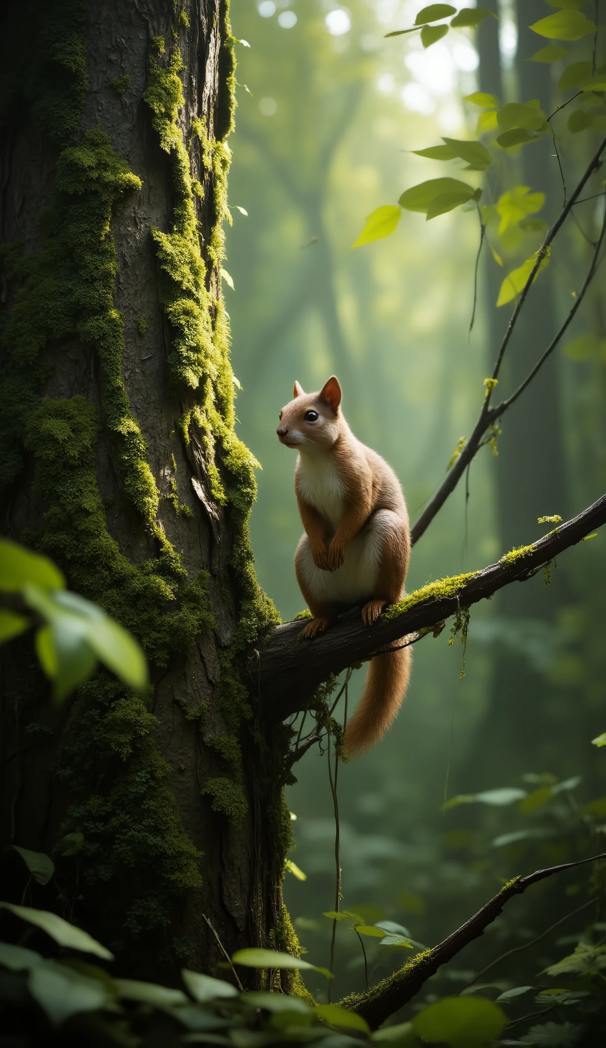 a humid forest dripping dewdrops from its leaves, there is moss and a squirrel in an ultra-detailed scene ultra-realistic cinematic masterpiece