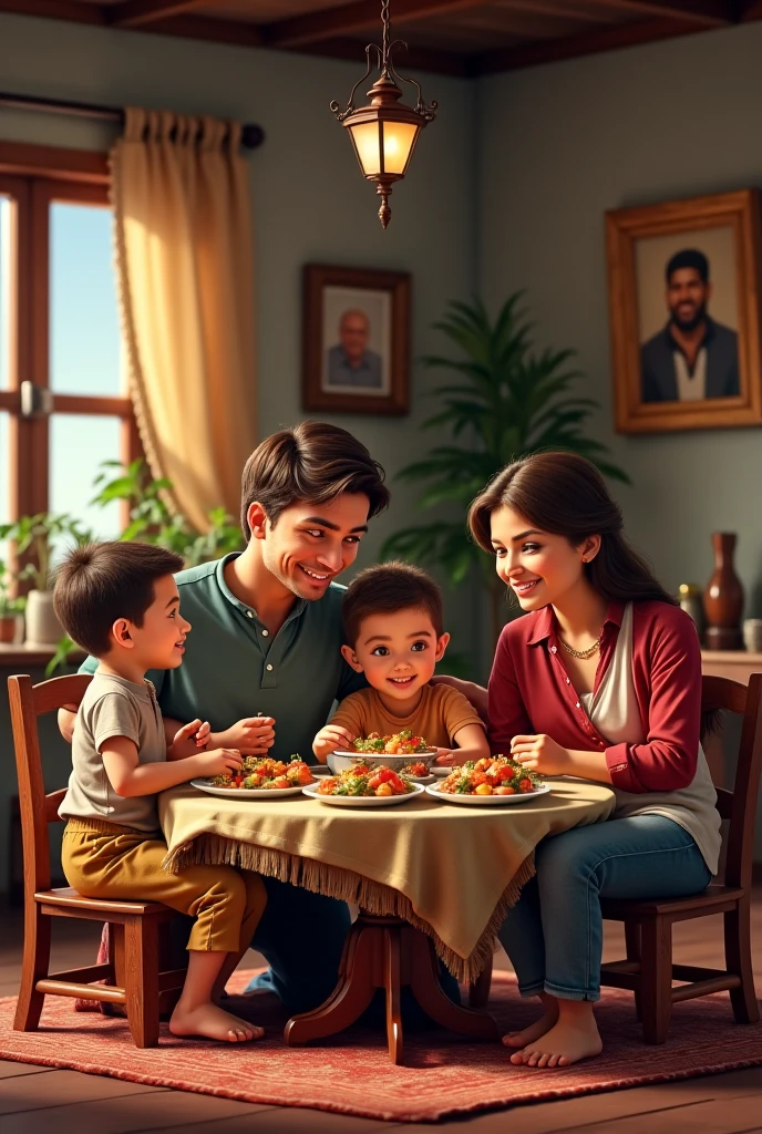 A Latino family smiling while having breakfast together in the kitchen, children playing in the garden, or friends enjoying a barbecue in the backyard.