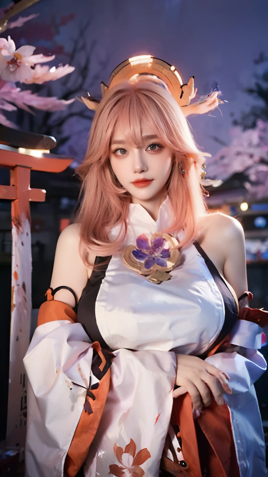 1girl, (ulzzang-6500:0.7), kpop idol, yae miko, detached sleeves, bare shoulders, pink hair, long hair, japanese clothes, best quality, (painting:1.5), (hair ornament:1.35), jewelry, purple eyes, earrings, breasts, torii, cherry blossoms, lantern light, depth of field, detailed face, ribbon_trim, (looking at viewer:1.25), nontraditional miko, shiny skin, long sleeves, smile, thick lips, game cg, hands on lips, east asian, standing, (full body), (gigantic breasts:1.5),
