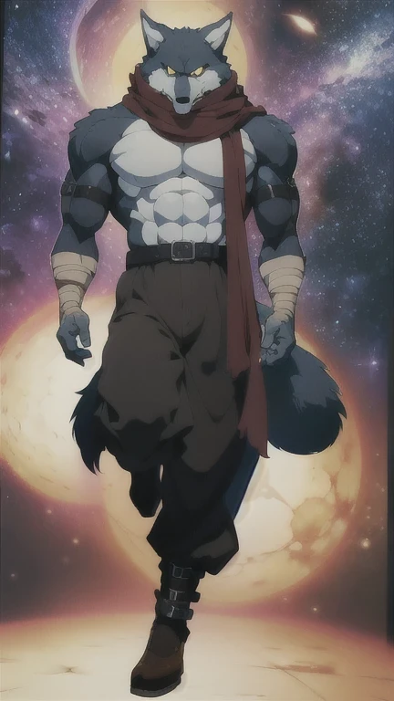 Bergamo _., posing for the camera , Presume. 4k, High resolution, the best quality , published in e621 , Alone, anthropogenic body , man , , man , ( Correct muscles , detailed muscles , very muscular, broad chest, pectorals, biceped:1.1), correct anatomy , correct proportions, Anatomy of the Taran ,, (Space clouds, galaxy, stars:1.0), (by WFA, por taran fiddler:1.0), (by black:0.8), (shaded cell:1.2), cartoon shading, Reliable , strong, (Long wolf tail :1.0), (pantalones, belt:1.1), ( half black :1.2), (Detailed Bergamo _Eyes of .:1.1), pose strong, looking at the camera , scarf, pose strong, bare chest intense colors, yellow eyes , fluffy wolf tail , lying down posture , open legs ,.