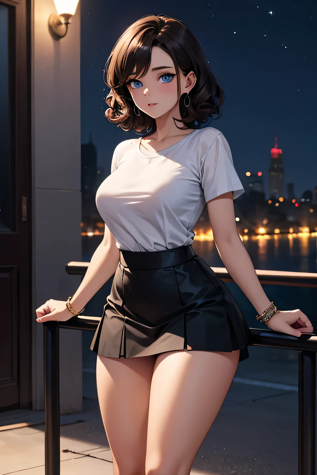 a beautiful woman, standing in a sexy pose, at night, in a black skirt and a white top, thick thighs, brown skin, short black curly hair, light blue eyes, jewelry, Latina, soft lighting, very detailed, vibrant colors