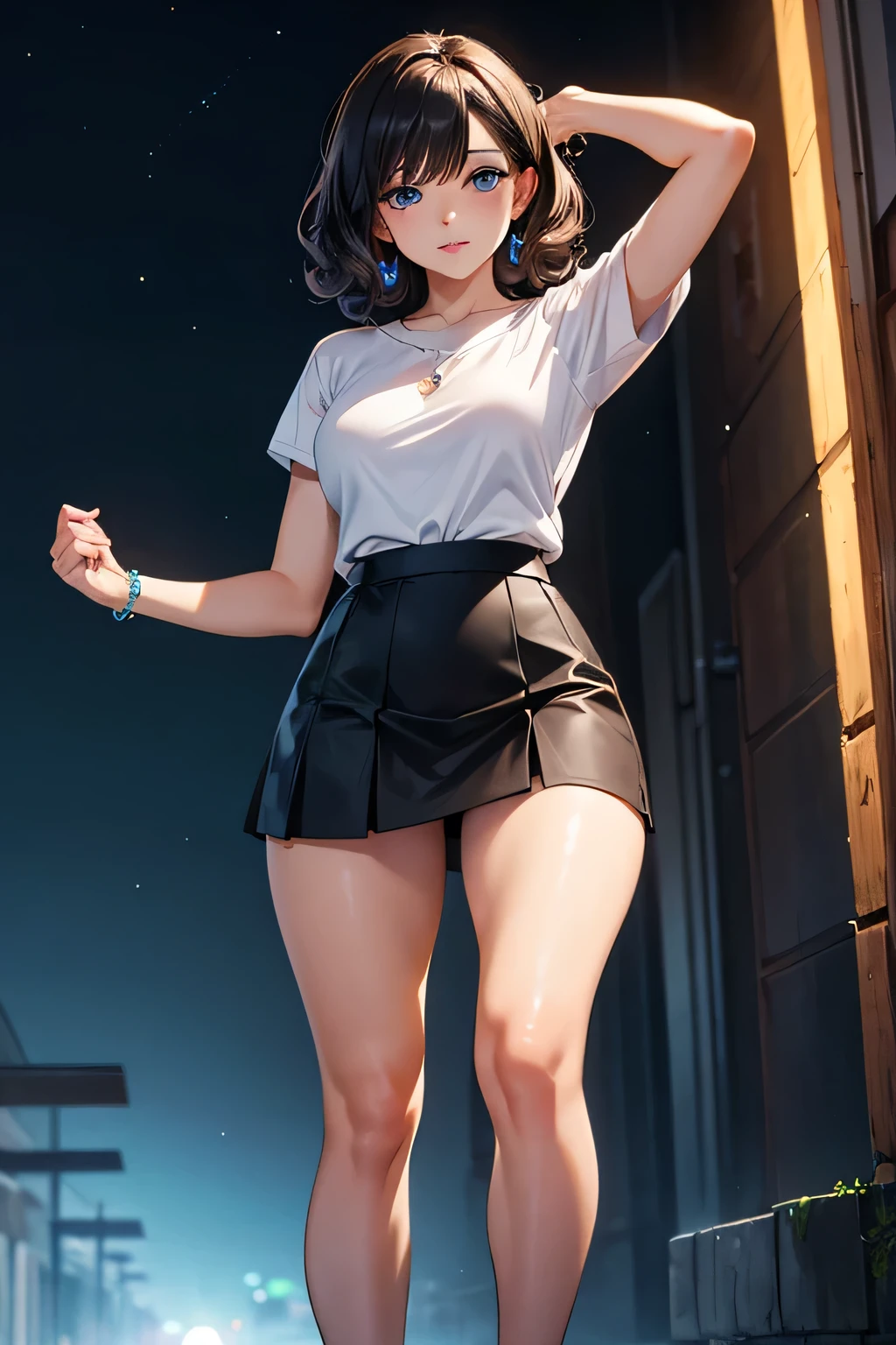 beautiful detailed eyes, beautiful detailed lips, extremely detailed eyes and face, longeyelashes,Inside the dance stage,inside the spotlight,One 16 years old girl,sweat,((dark skin color)),short black hair,displeased,sulky,seductive smile,high-neck-tops,tight-mini-skirt,(high-heel-boots),dancing,hands up,best quality, 4k, 8k, highres, masterpiece:1.2, ultra-detailed, realistic, photorealistic, photo-realistic:1.37, HDR, UHD, studio lighting, ultra-fine painting, sharp focus, physically-based rendering, extreme detail description, professional, vivid colors, bokeh, portraits