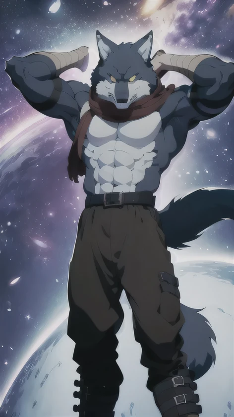 Bergamo   _.,    posing for the camera   , Presume. 4k,    High resolution,    the best quality   ,   published in e621  , Alone,    anthropogenic body   ,  man , ,  man , (  Correct muscles    ,    detailed muscles   ,    very muscular, broad chest, pectorals, biceped:1.1),    correct anatomy   ,    correct proportions, Anatomy of the Taran   ,, (Space clouds, galaxy, stars:1.0), (by WFA, por taran fiddler:1.0), (by black:0.8), (shaded cell:1.2),   cartoon shading,  Reliable  , strong, (Long wolf tail  :1.0), (pantalones,   belt:1.1), ( half black :1.2), (Detailed Bergamo   _Eyes of .:1.1), pose strong,    looking at the camera   , scarf, pose strong,     bare chest intense colors,    yellow eyes   ,    fluffy wolf tail    ,  lying down posture    ,    open legs  ,.