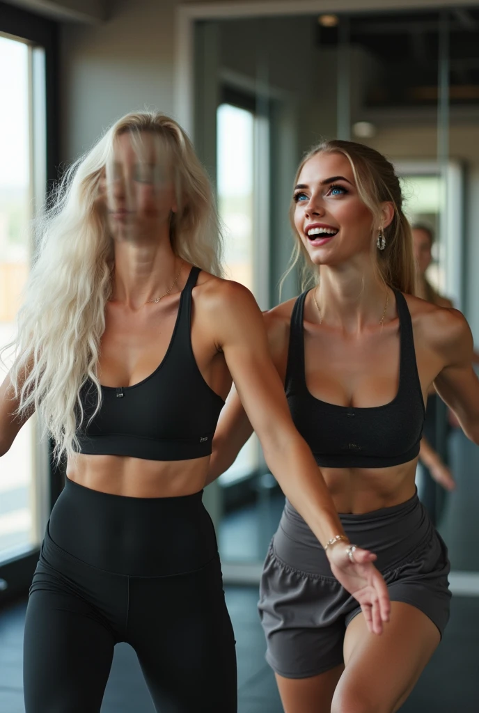 Elsa Pataky with her hair tied up exercising at the gym in tight neon gray leggings smiling
