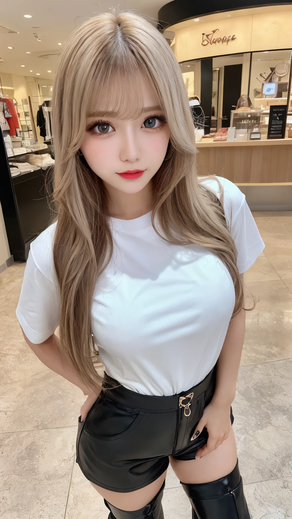 High resolution、Blonde Hair,Light Hair Color、Beautiful eyelashes、Zoom out、20-year-old、Highest quality、Very detailed、Finer details、8k、Beautiful eyes in every detail、Natural lip color、Long Hair、straight hair、Cute face、Large Breasts,Big eyes,looking at viewer、cheek to cheek、White T-shirt、Tight fitting clothes、leather short pants、leather thigh boots、Shopping Centre、Beautiful feet、Background blur, Put your chest close、Shiny Hair,