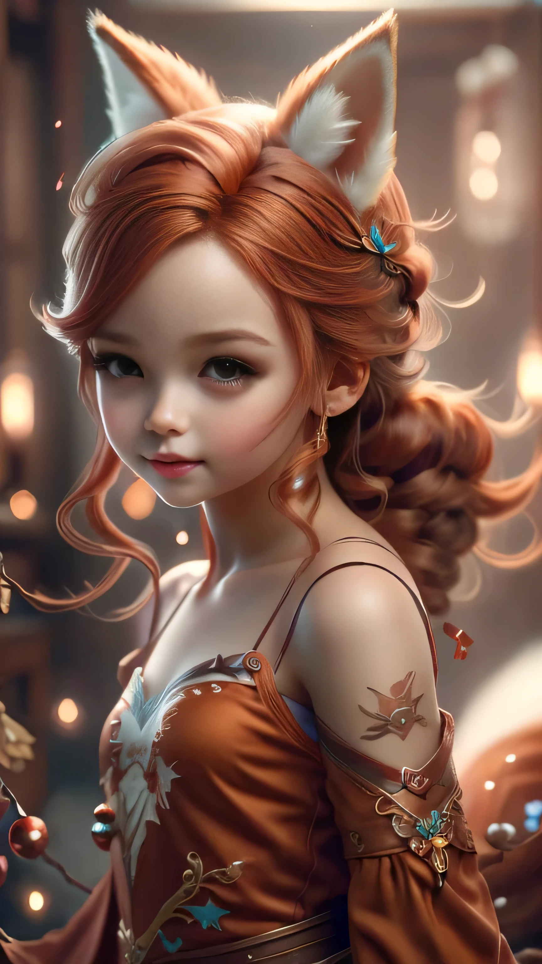 (Best Quality, Super Detail, Masterpiece, Representative Work, Official Art, Professional, Super Fine Detail, 8k:1.3), (Full Body) a doll with red hair and a fox ears, portrait of a goth foxgirl, dollpunk, artdoll, [ trending on cgsociety ]!!, beautiful young foxgirl, wlop loish and clamp style, cgsociety ), cgsociety - w 1 0 2 4 - n 8 - i, cgsociety 9, bjd, cgsociety, Cute girly face, red hair, ((brown)) eyes, 1 girl 25 years old, fox costume, fox tail, furry, girl in furry costume, Vivid colors, Red hair, Innocent expression, Playful features, Christmas background, Natural Lighting, Soft background, Photorealistic, Sparkling eyes, Sharp focus, Glowing skin, Cute and mischievous look, Hint of mischief, Dreamy atmosphere, Delicate details, Soft ambient light, (Backlight:1.3), (Cinematic:1.2), Intricate details, (ArtStation:1.3)