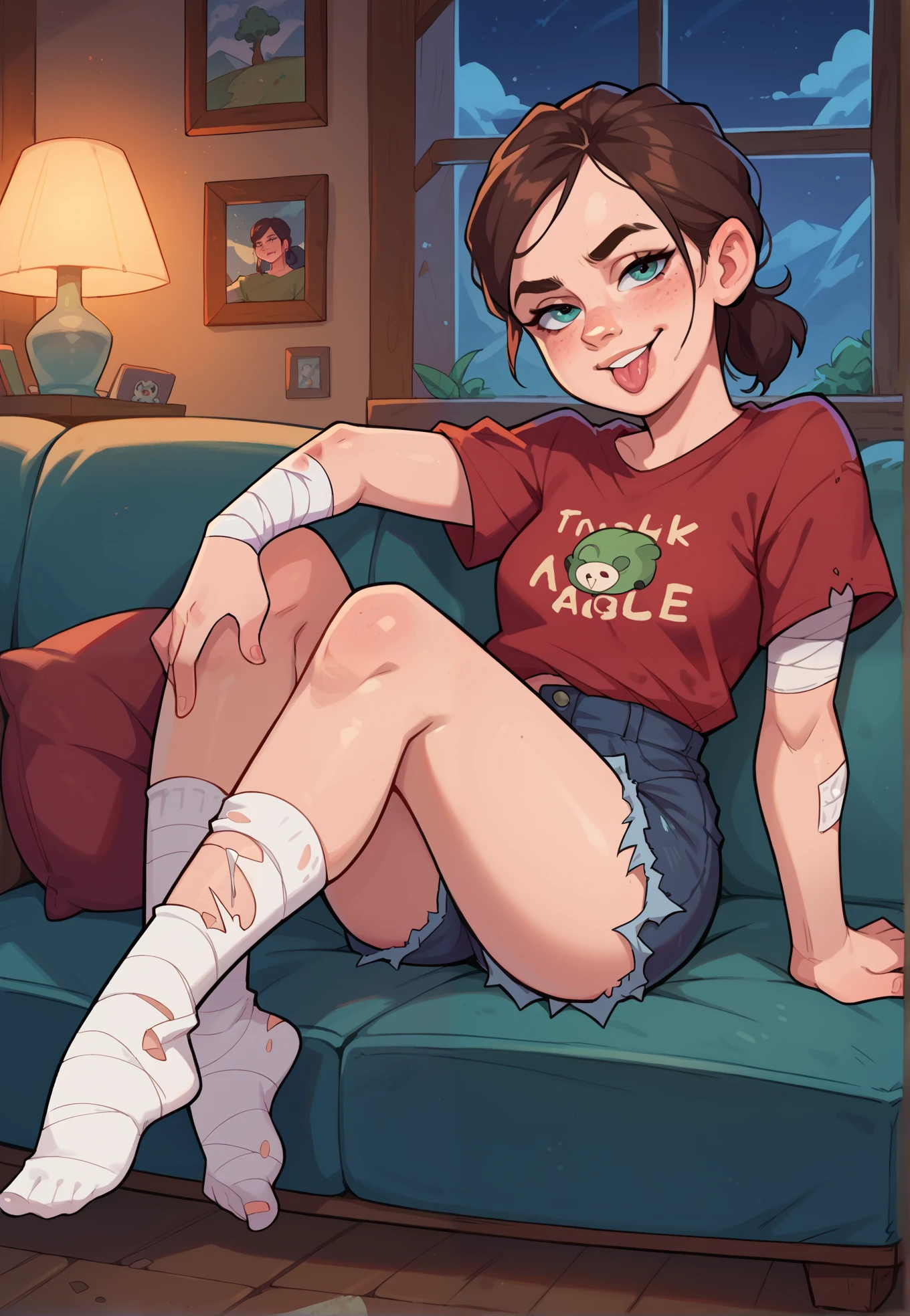 1girl, Ellie, the last of us, smug, tongue out, torn red t-shirt, torn shorts, red oversized socks, on a couch, bandages, sexy pose, BREAK, night time, mountain cottage, cinematic lighting,