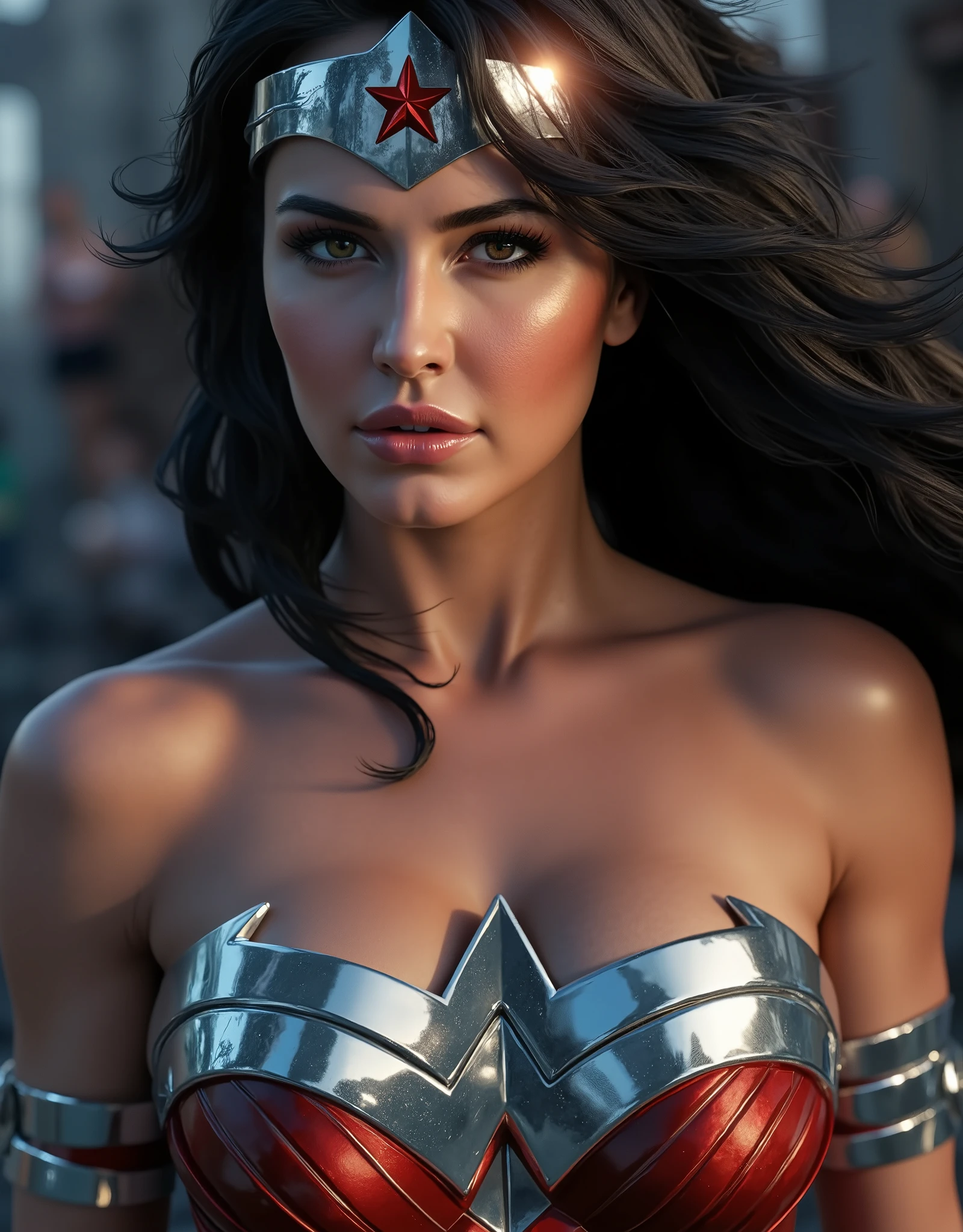 Sexy hot woman wearing Wonder woman costume from dc comics, Wonder woman cosplay, highly detailed wonder woman costume, hot and sexy beautiful woman, beutiful eyes, seductive look, soft smile, huge breasts, downblouse, cleavage, sexy pose , war background, ready to fight pose, hyper realistic, extremely detailed skin texture, cinematic masterpiece, half body shot image , cinematic background, epic realism, extremely realistic, extremely detailed, 4k texture(best quality,4k,8k,highres,masterpiece:),ultra-detailed,(realistic,photorealistic,photorealistic:),HDR,UHD
studio lighting,extreme detail description,professional,vivid colors,bokeh,portraits