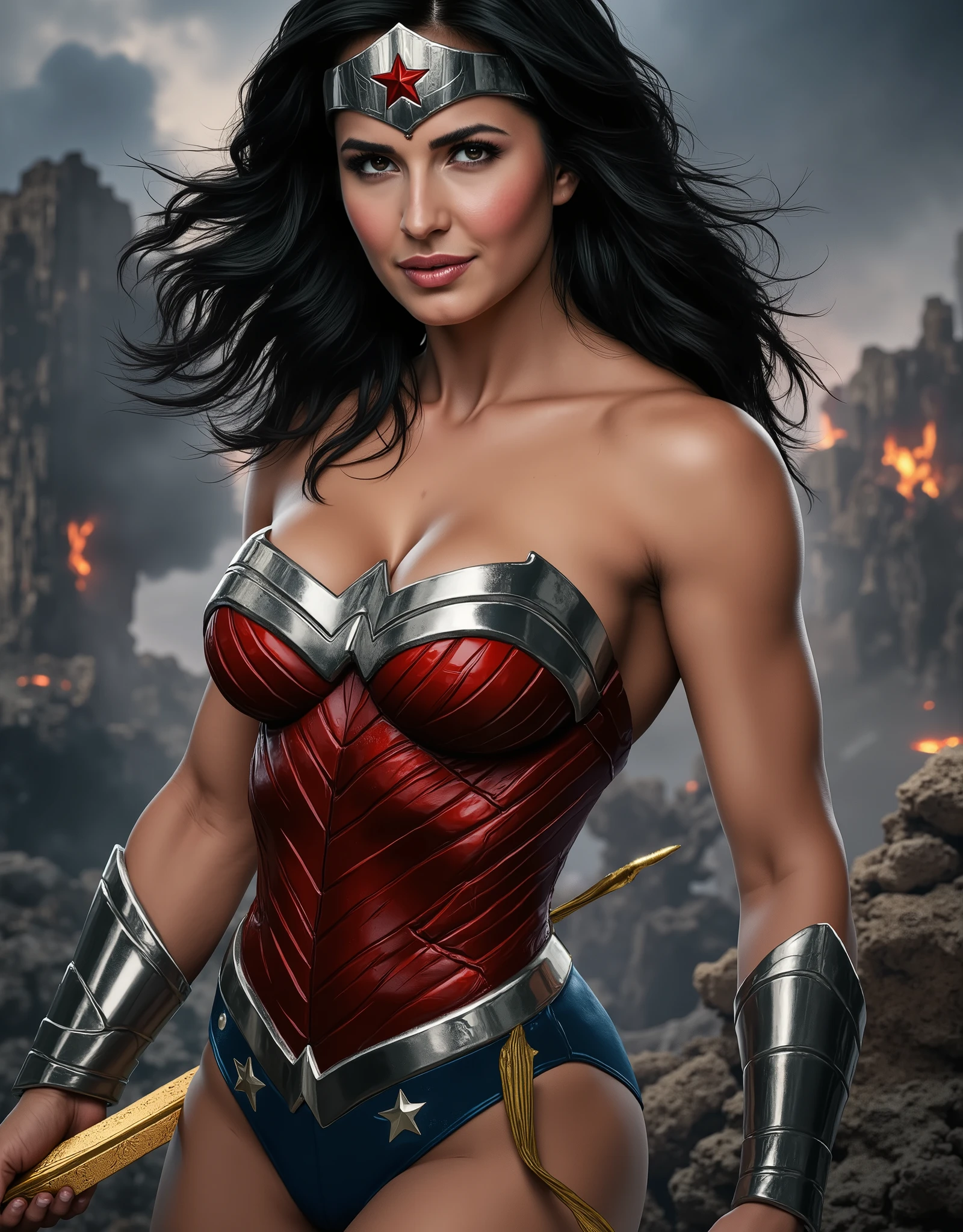 Sexy hot woman wearing Wonder woman costume from dc comics, Wonder woman cosplay, highly detailed wonder woman costume, hot and sexy beautiful woman, beutiful eyes, seductive look, soft smile, huge breasts, downblouse, cleavage, sexy pose , war background, ready to fight pose, hyper realistic, extremely detailed skin texture, cinematic masterpiece, half body shot image , cinematic background, epic realism, extremely realistic, extremely detailed, 4k texture(best quality,4k,8k,highres,masterpiece:),ultra-detailed,(realistic,photorealistic,photorealistic:),HDR,UHD
studio lighting,extreme detail description,professional,vivid colors,bokeh,portraits