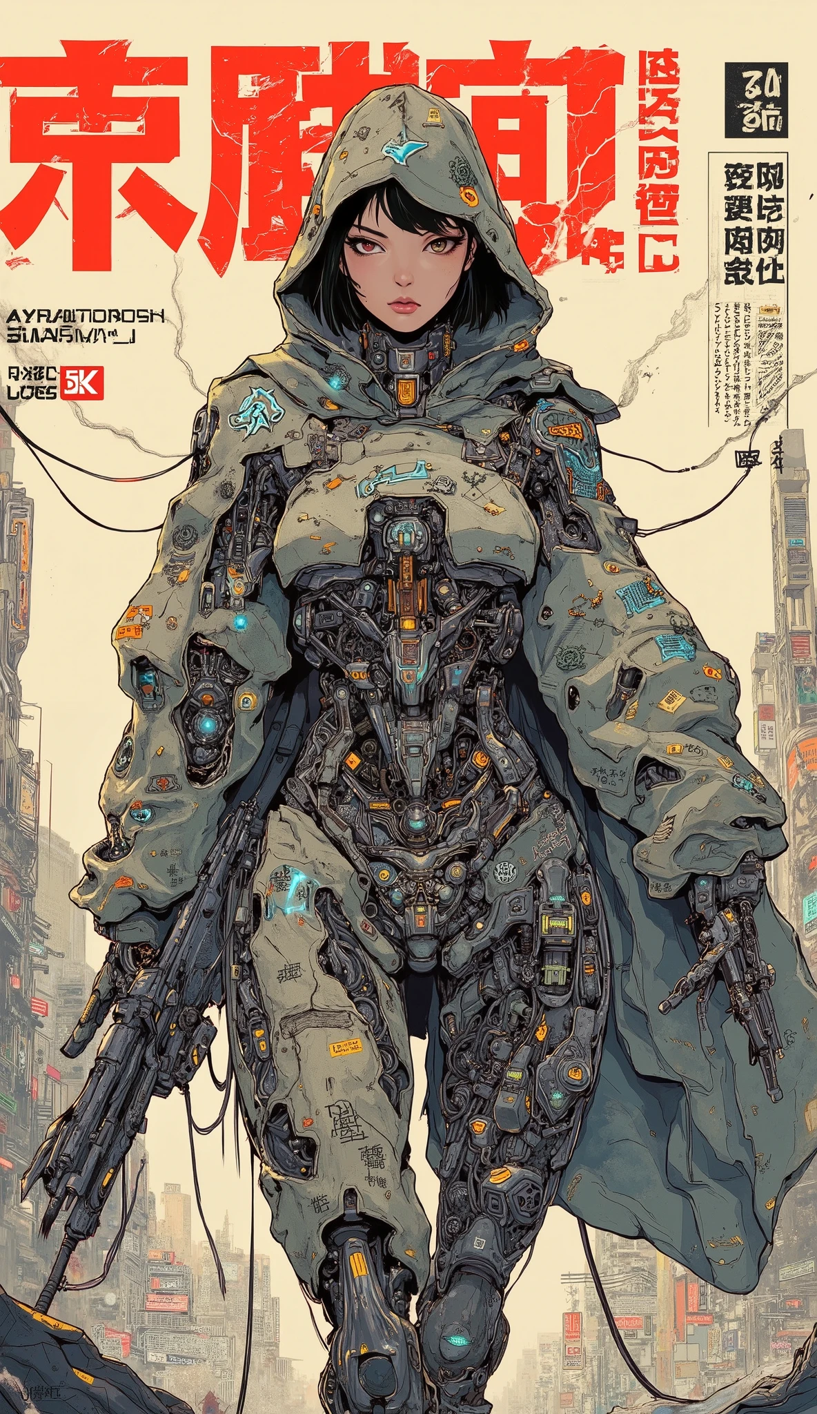 ((anime art style (((magazine cover))) illustration) of (perfect Asian cyborg girl wearing a extremely intricate cybernetic plug suit and holding a rifle))、((Japanese text)), (Machine Body), ((LED lights)), ((wearing a ragged hooded cloak over the plugsuit)), (((dynamic pose))), warm colours, perfect features, abstract beauty, near perfection, pure form, concept art, intricate detail, 8k post-production, High resolution, super Detail, trending on ArtStation, sharp focus, black very short hair, Cinematic Style,Cinematic Lighting, ((standing in ruined city))、A strong wind is blowing、cyber punk、nsfw:1.2、((Exposed internal machinery))、((Machine arms and legs))、Beautiful fashion model、Cute Japanese Girl, (mouth slightly open)