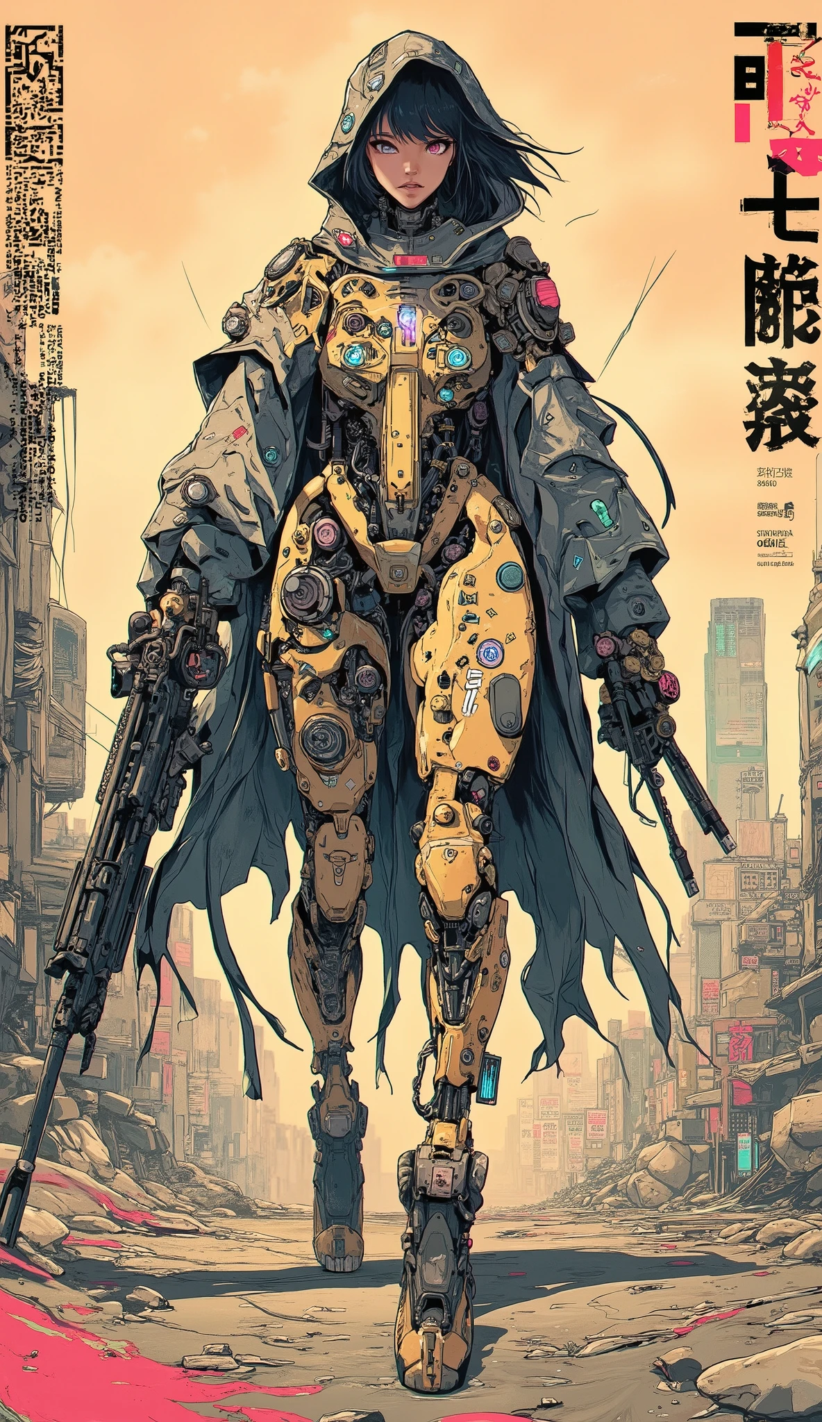 ((anime art style (((magazine cover))) illustration) of (perfect Asian cyborg girl wearing a extremely intricate cybernetic plug suit and holding a rifle))、((Japanese text)), (Machine Body), ((LED lights)), ((wearing a ragged hooded cloak over the plugsuit)), (((dynamic pose))), warm colours, perfect features, abstract beauty, near perfection, pure form, concept art, intricate detail, 8k post-production, High resolution, super Detail, trending on ArtStation, sharp focus, black very short hair, Cinematic Style,Cinematic Lighting, ((standing in ruined city))、A strong wind is blowing、cyber punk、nsfw:1.2、((Exposed internal machinery))、((Machine arms and legs))、Beautiful fashion model、Cute Japanese Girl, (mouth slightly open)