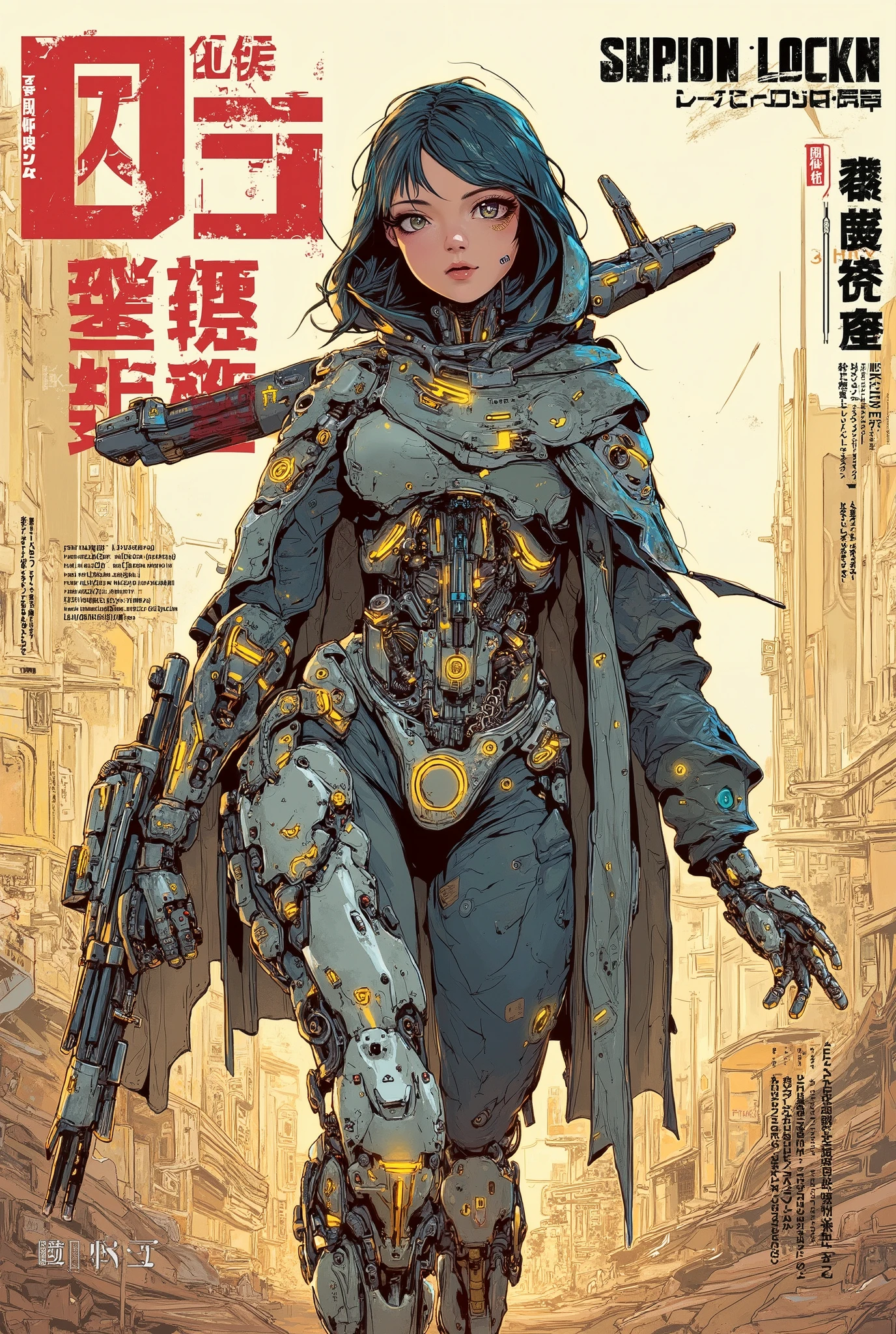 ((anime art style (((magazine cover))) illustration) of (perfect Asian cyborg girl wearing a extremely intricate cybernetic plug suit and holding a rifle))、((Japanese text)), (Machine Body), ((LED lights)), ((wearing a ragged hooded cloak over the plugsuit)), (((dynamic pose))), warm colours, perfect features, abstract beauty, near perfection, pure form, concept art, intricate detail, 8k post-production, High resolution, super Detail, trending on ArtStation, sharp focus, black very short hair, Cinematic Style,Cinematic Lighting, ((standing in ruined city))、A strong wind is blowing、cyber punk、nsfw:1.2、((Exposed internal machinery))、((Machine arms and legs))、Beautiful fashion model、Cute Japanese Girl, (mouth slightly open)