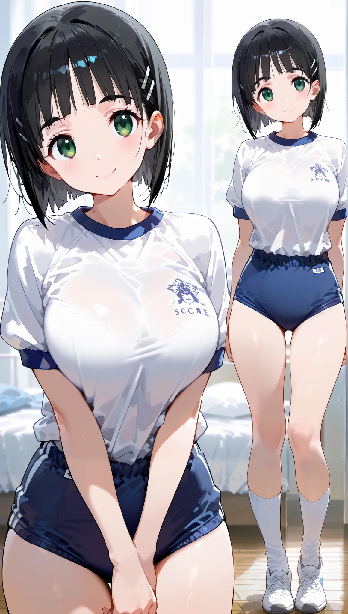 1girl,
Suguha Kirigaya (character), 1girl, black hair, short hair, green eyes, large breasts ,white gym shirt, short sleeves,(blue buruma), socks,beauty, glossy lips, Rouge,
upper body,from front,class room,close up face,
happy smile,head tilt,standing,
(extremely detailed CG,masterpiece, highres icon,absurdres,4K),