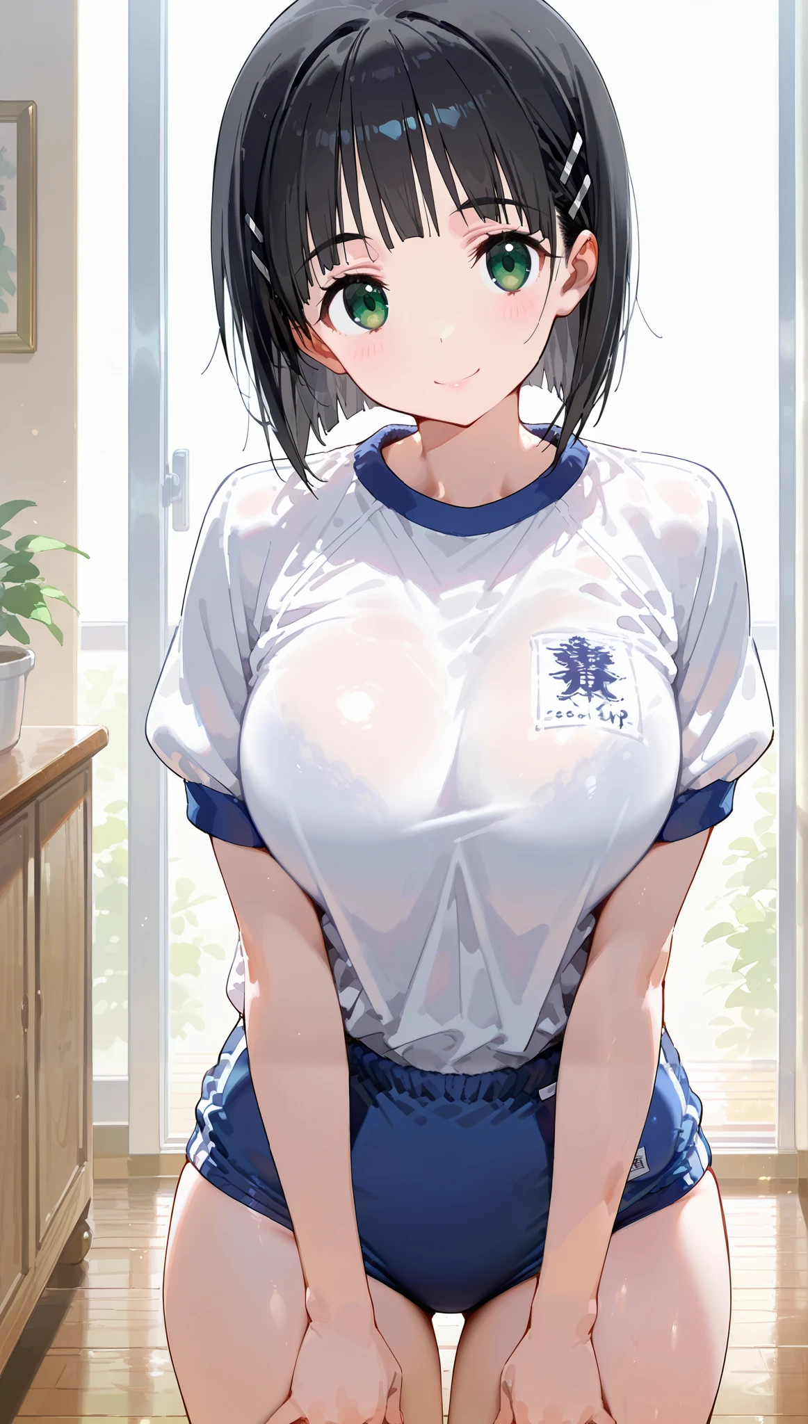 1girl,
Suguha Kirigaya (character), 1girl, black hair, short hair, green eyes, large breasts ,white gym shirt, short sleeves,(blue buruma), socks,beauty, glossy lips, Rouge,
upper body,from front,class room,close up face,
happy smile,head tilt,standing,
(extremely detailed CG,masterpiece, highres icon,absurdres,4K),