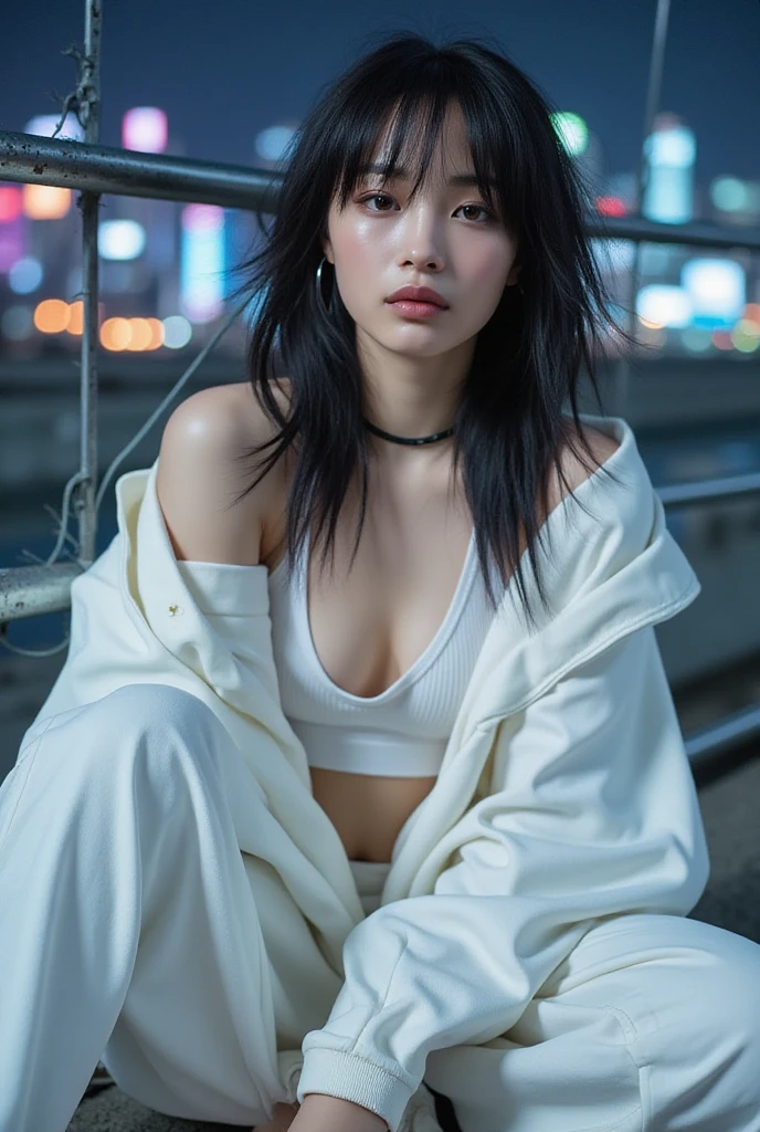 (16k, RAW Photos, highest quality, masterpiece: 1.2), (Realistic, photoRealistic: 1.37), 1 girl, Japan, 55-year-old woman, ((Kneel)), ((Spread your legs)), Cityscape, night, Professional Lighting, Photon Mapping, Radio City, Torn, big, Very small white lace micro bikini, Areola, The shape of the pubic bone is clearly visible, pubic hair, Coarse hairs on lower abdomen, Gal, Lots of eyelashes, Strong eyeshadow for the eyelids, Bright red lips, Bright red high heels, Bright red choker,