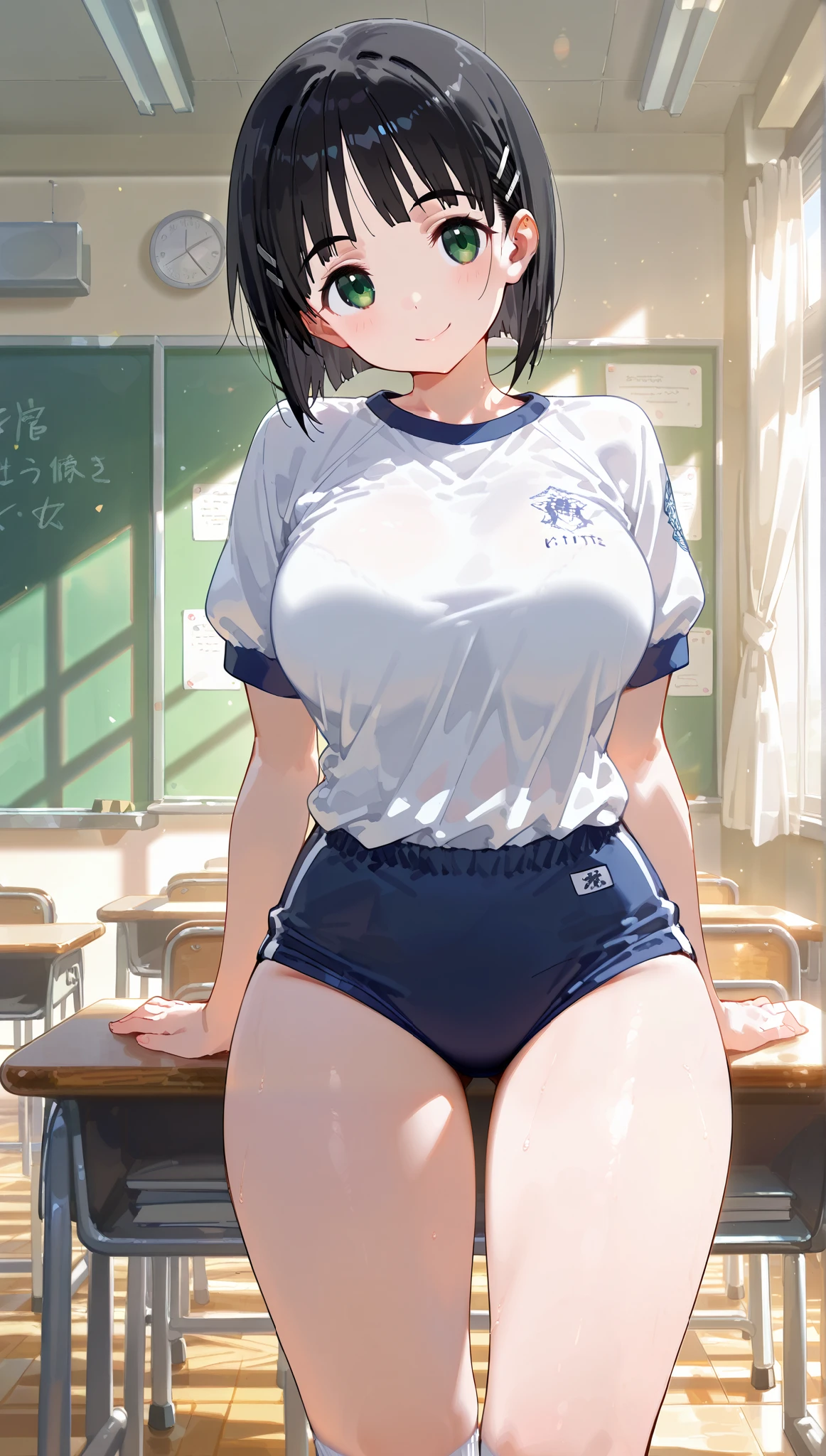 score_9, score_8_up, score_7_up, source_anime, classroom, 1girl, mature female, solo, white gym uniform, buruma, short hair, black hair, blue eyes, black stockings, large breasts, looking at viewer, standing, smile, front view, cameltoe, erect nipples, grabbing breasts, wet