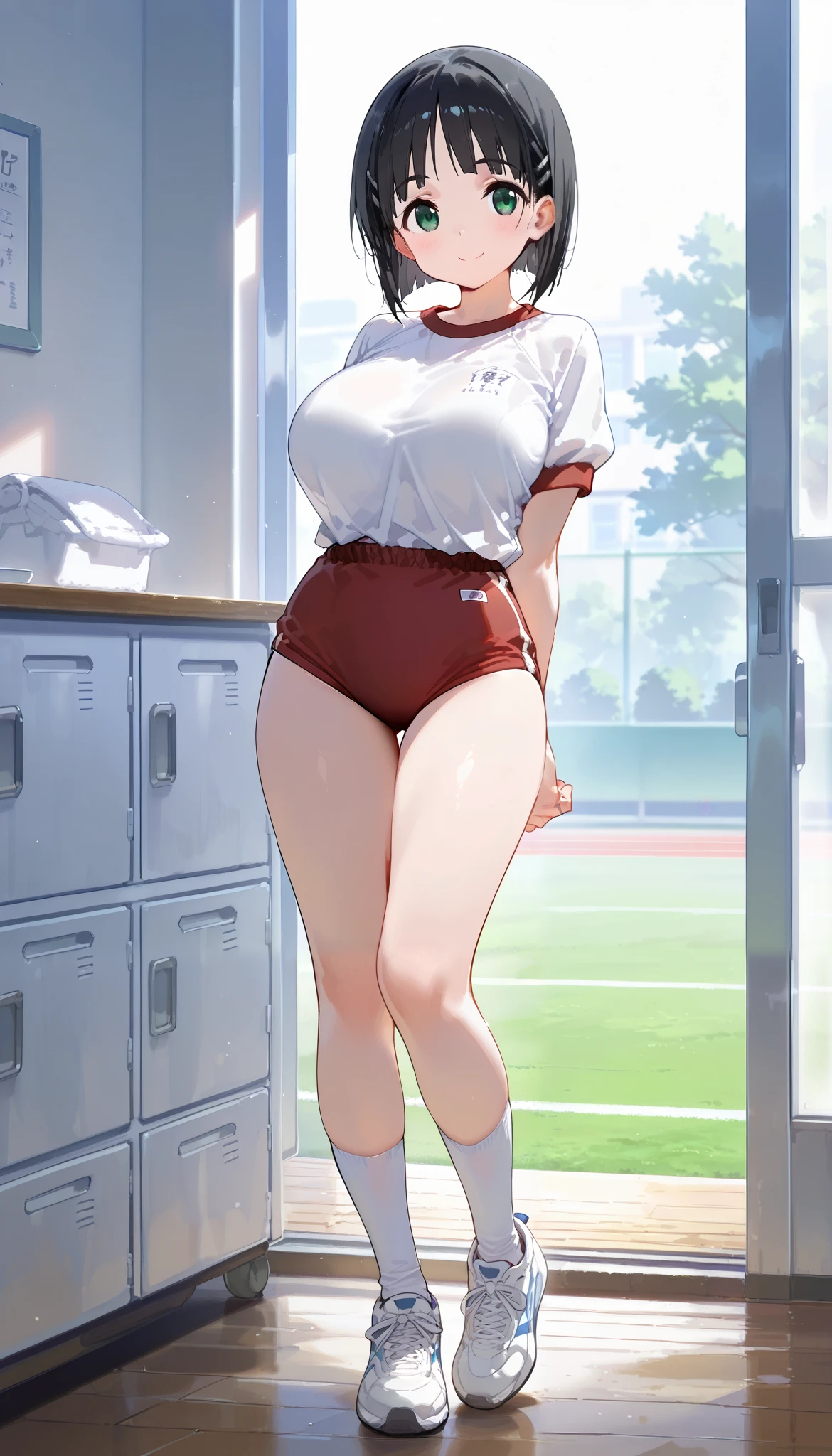 1girl,
Suguha Kirigaya (character), 1girl, black hair, short hair, green eyes, large breasts ,white gym shirt, short sleeves, buruma, socks, sneakers,
body,cowboy shot,from front,
happy smile,
(extremely detailed CG,masterpiece, highres icon,absurdres,4K),