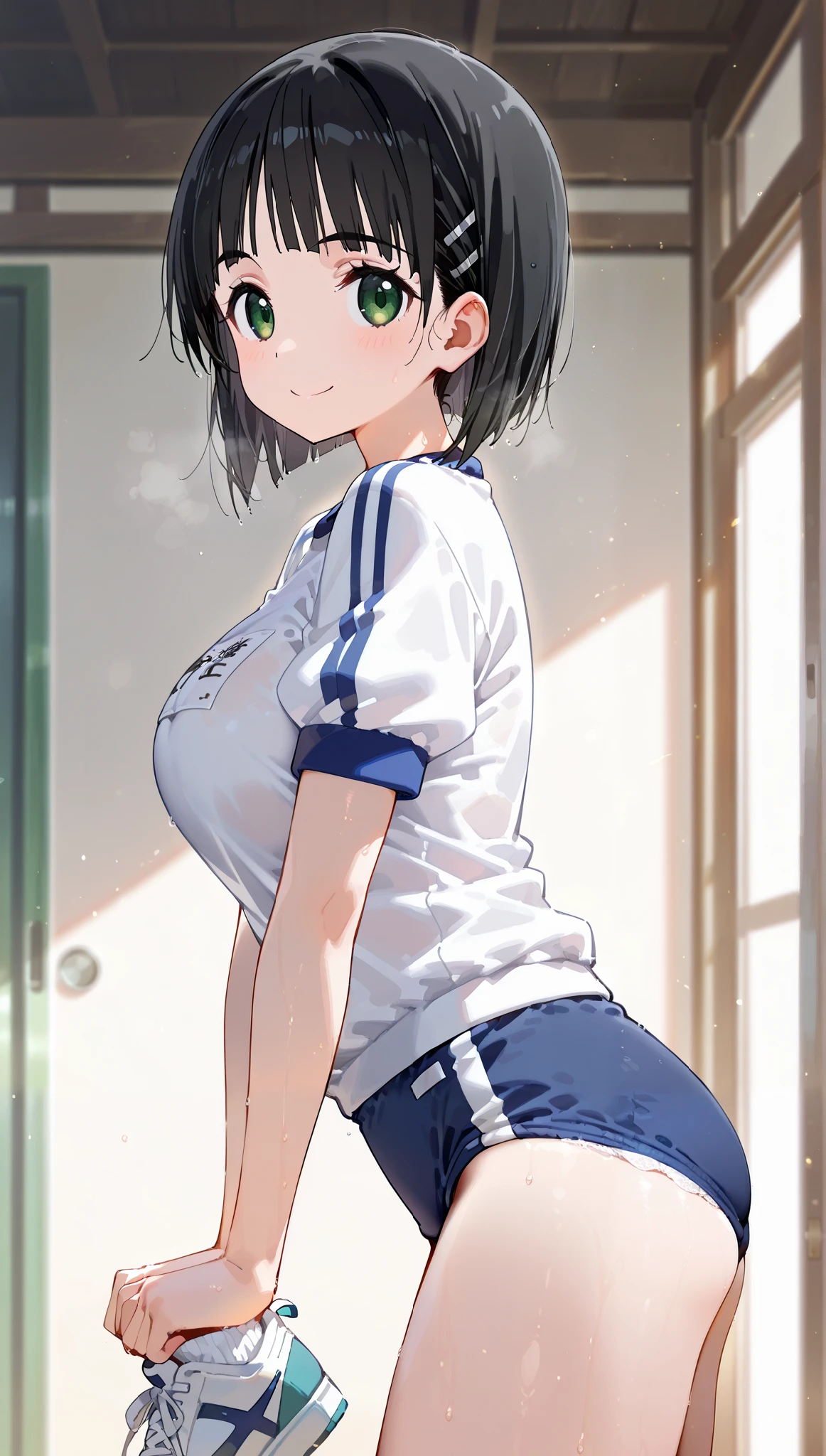 1girl,
Suguha Kirigaya (character), 1girl, black hair, short hair, green eyes, large breasts ,white gym shirt, short sleeves,blue buruma, socks, sneakers,
body,cowboy shot,from side,
happy smile,
(extremely detailed CG,masterpiece, highres icon,absurdres,4K),