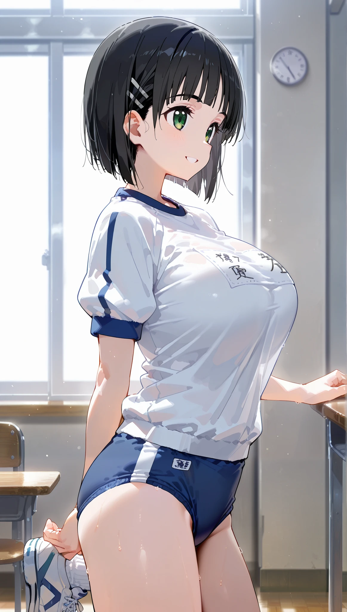 1girl,
Suguha Kirigaya (character), 1girl, black hair, short hair, green eyes, large breasts ,white gym shirt, short sleeves,blue buruma, socks, sneakers,
body,cowboy shot,from side,
happy smile,
(extremely detailed CG,masterpiece, highres icon,absurdres,4K),