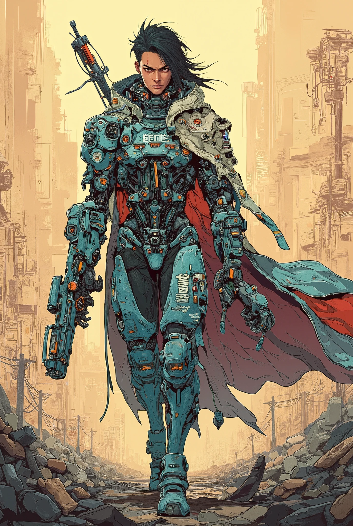 ((anime art style (((magazine cover))) illustration) of (perfect Asian cyborg man wearing a extremely intricate cybernetic plug suit and holding a rifle))、((Japanese text)), (Machine Body), ((LED lights)), ((wearing a ragged hooded cloak over the plugsuit)), (((dynamic pose))), warm colours, perfect features, abstract beauty, near perfection, pure form, concept art, intricate detail, 8k post-production, High resolution, super Detail, trending on ArtStation, sharp focus, black very short hair, Cinematic Style,Cinematic Lighting, ((standing in ruined city))、A strong wind is blowing、cyber punk、nsfw:1.2、((Exposed internal machinery))、((Machine arms and legs)).