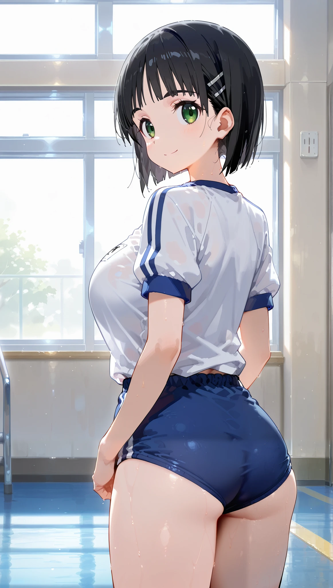 1girl,
Suguha Kirigaya (character), 1girl, black hair, short hair, green eyes, large breasts ,white gym shirt, short sleeves,blue buruma, socks,
back shot,body,cowboy shot,from behind,lookingviewer,
happy smile,
(extremely detailed CG,masterpiece, highres icon,absurdres,4K),