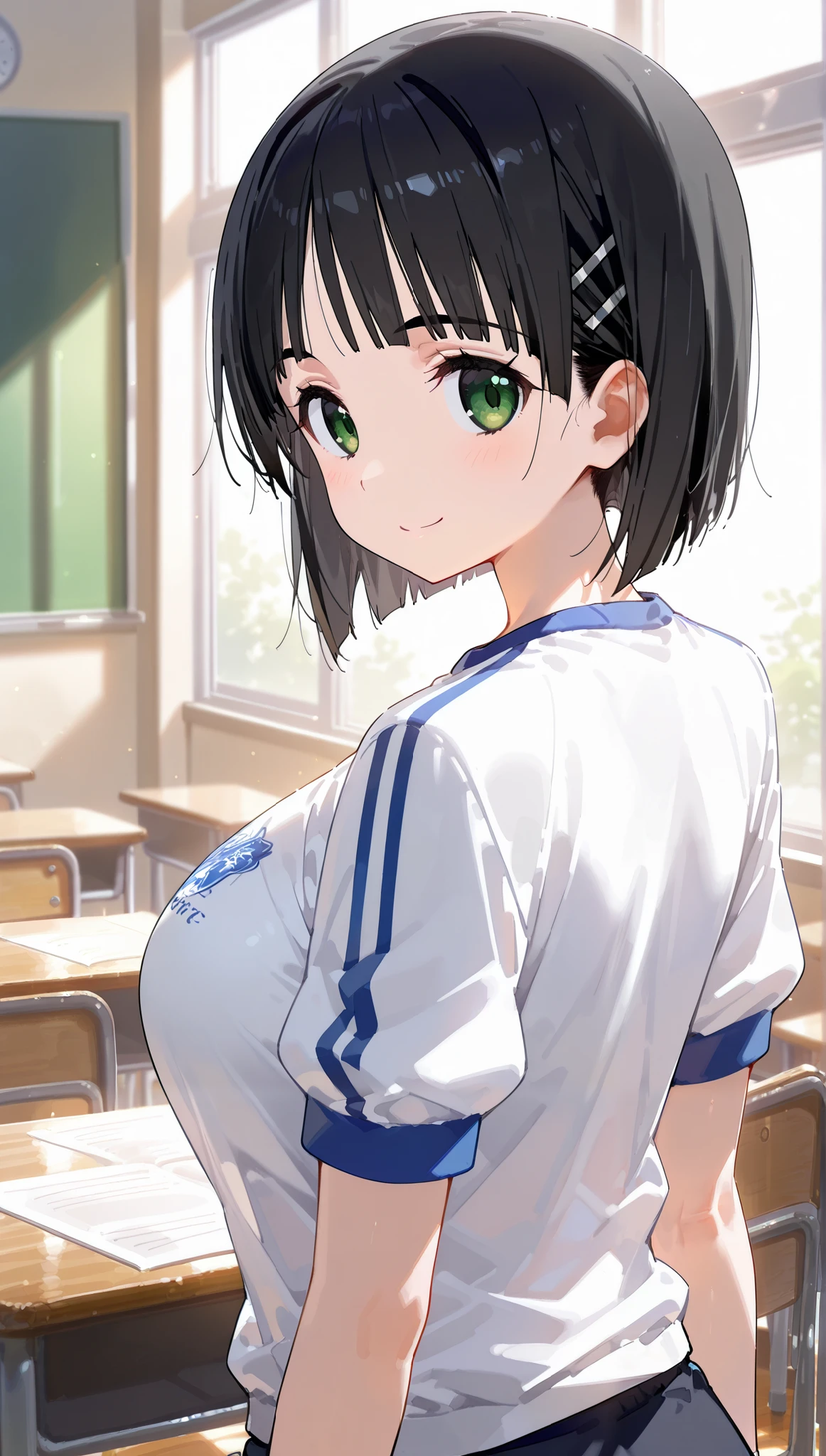  1girl ,

suguha kirigaya  (character),  1girl , black hair, short hair, green eyes, large breasts ,white gym shirt, short sleeves, blue kite, socks,

back shot,looking back,upper body,close up face,from front,classroom,

happy smile,

 (extremely detailed CG,masterpiece, highres icon,absurdres,4K),

