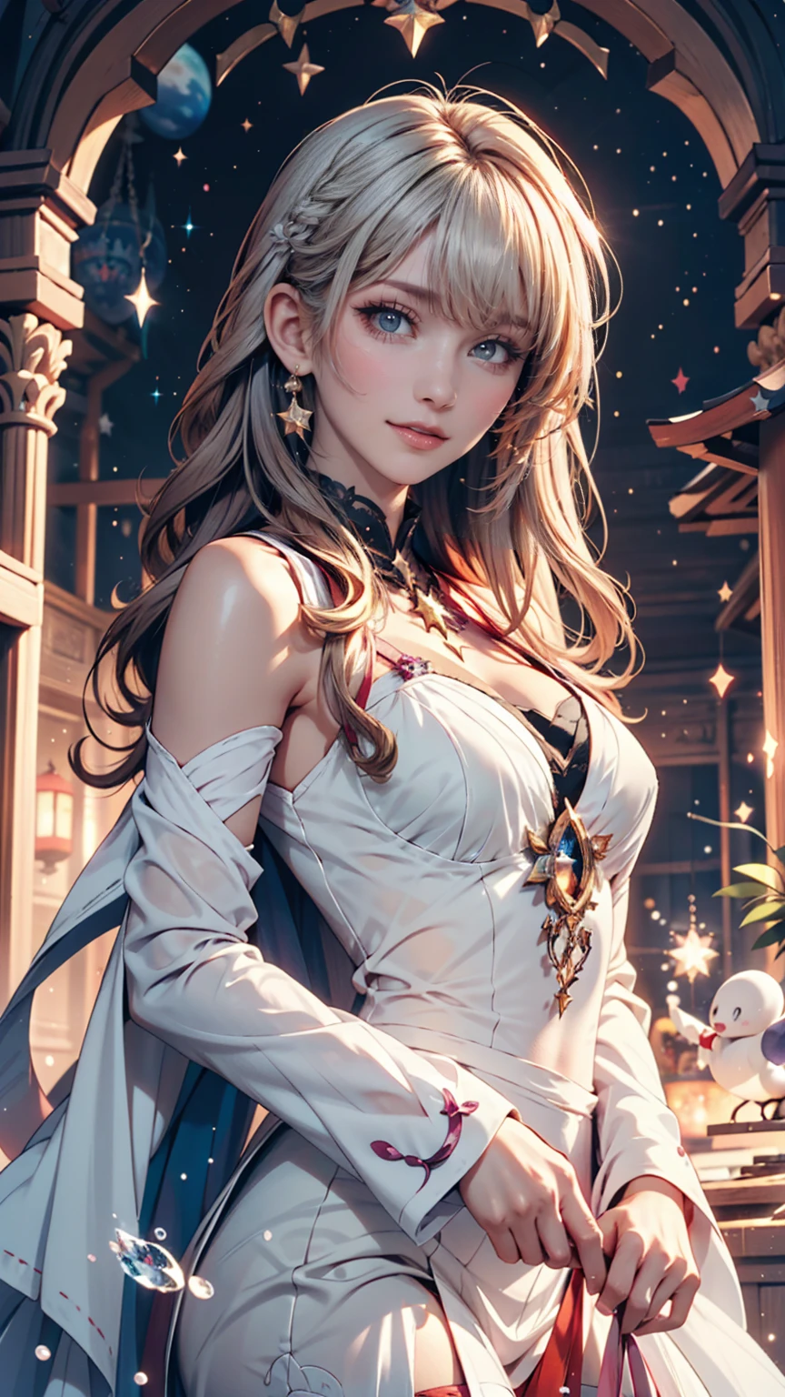 Blowing bubbles under the stars、Anime-style light blonde hair with purple eyes