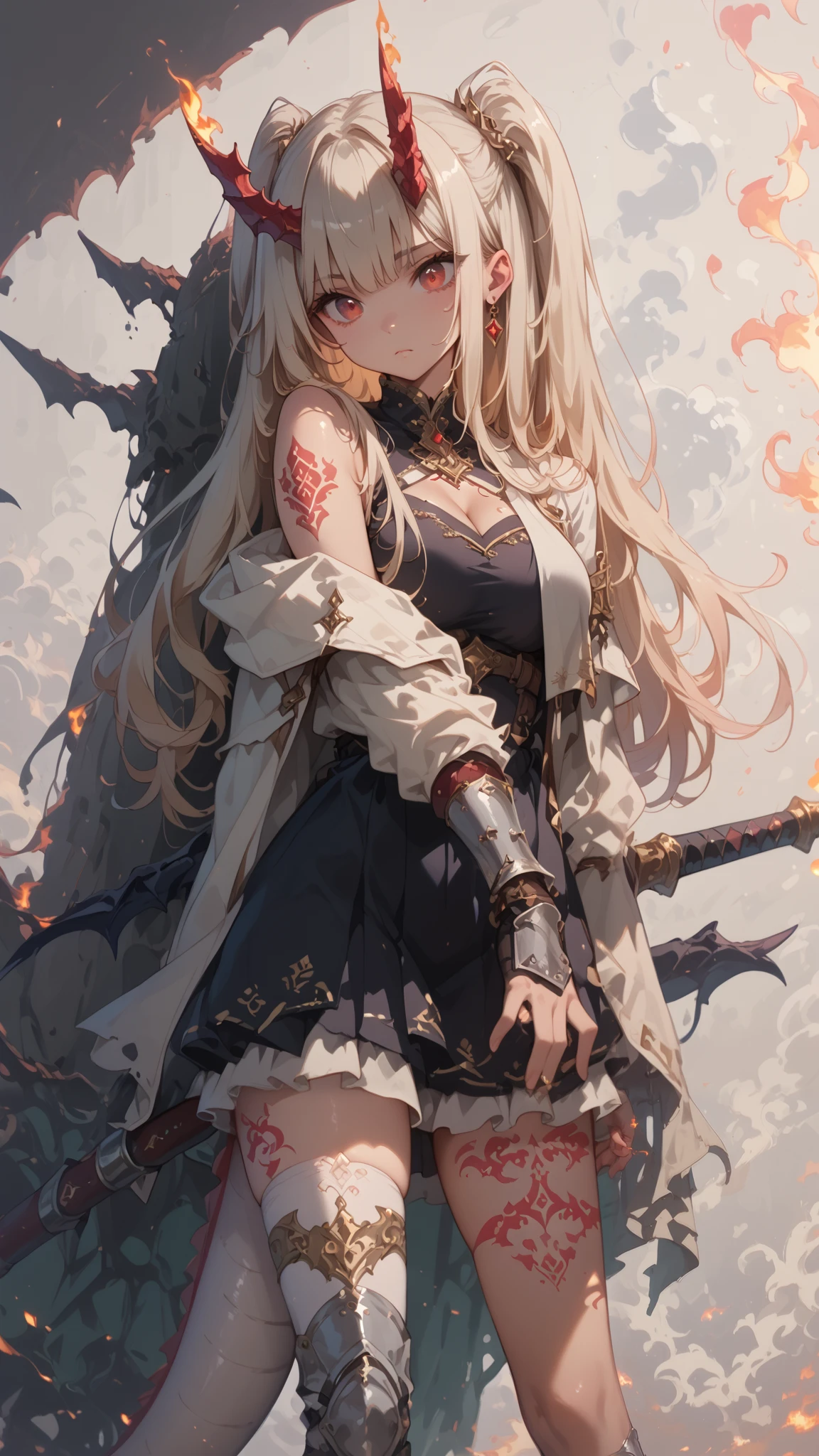 Anime girl, sexy figure, nice body curves, large breasts, wearing a knight armour, long white hairs, red eyes, tattoos all over the body, dragon wings, Fire, weapon, showing off her figure, looking down, down view, giving sexy hand stand poses, sitting down, simple dark background.