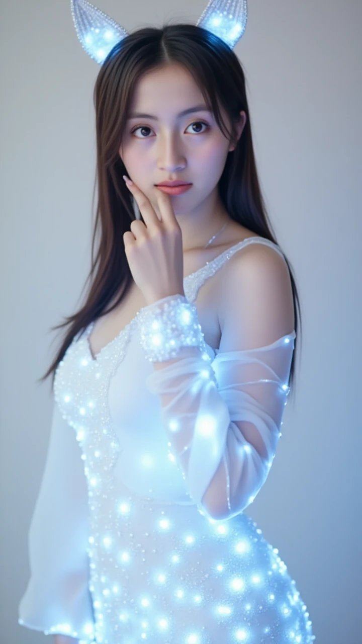 ((jewel_light element)), (Translucent luminous body_wearing a white frilly blouse), (girl made of light: 1.2), (minimalism: 0.5), (Close-up angle above the waist: 1.3), 4K, HDR, acid graphics, fantasy work, [Detailed and vivid faces: 0.33], (White translucent glowing body and hair: 1.3), Silhouette outline and glowing beautiful woman, Understated elegance is revealed.. A calm and dignified atmosphere provides a subtle sense of luxury... gray smooth texture, stylish pose, fluorescent, glowing tattoo, bioluminescent tattoo, glowing pattern.