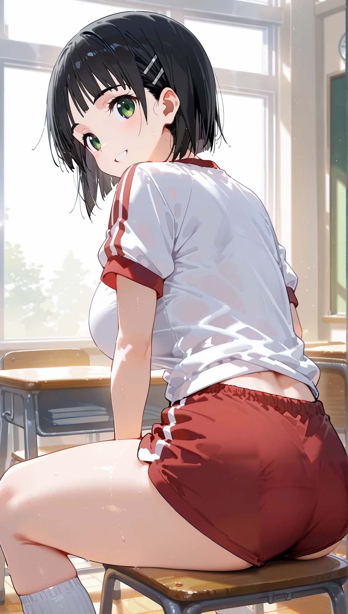 1girl ,
suguha kirigaya (character), 1girl , black hair, short hair, green eyes, large breasts ,white gym shirt, short sleeves, blue kite, socks,Thighs,
back shot,looking back,upper body,close up face,from front,classroom,
happy smile,
(extremely detailed CG,masterpiece, highres icon,absurdres,4K),