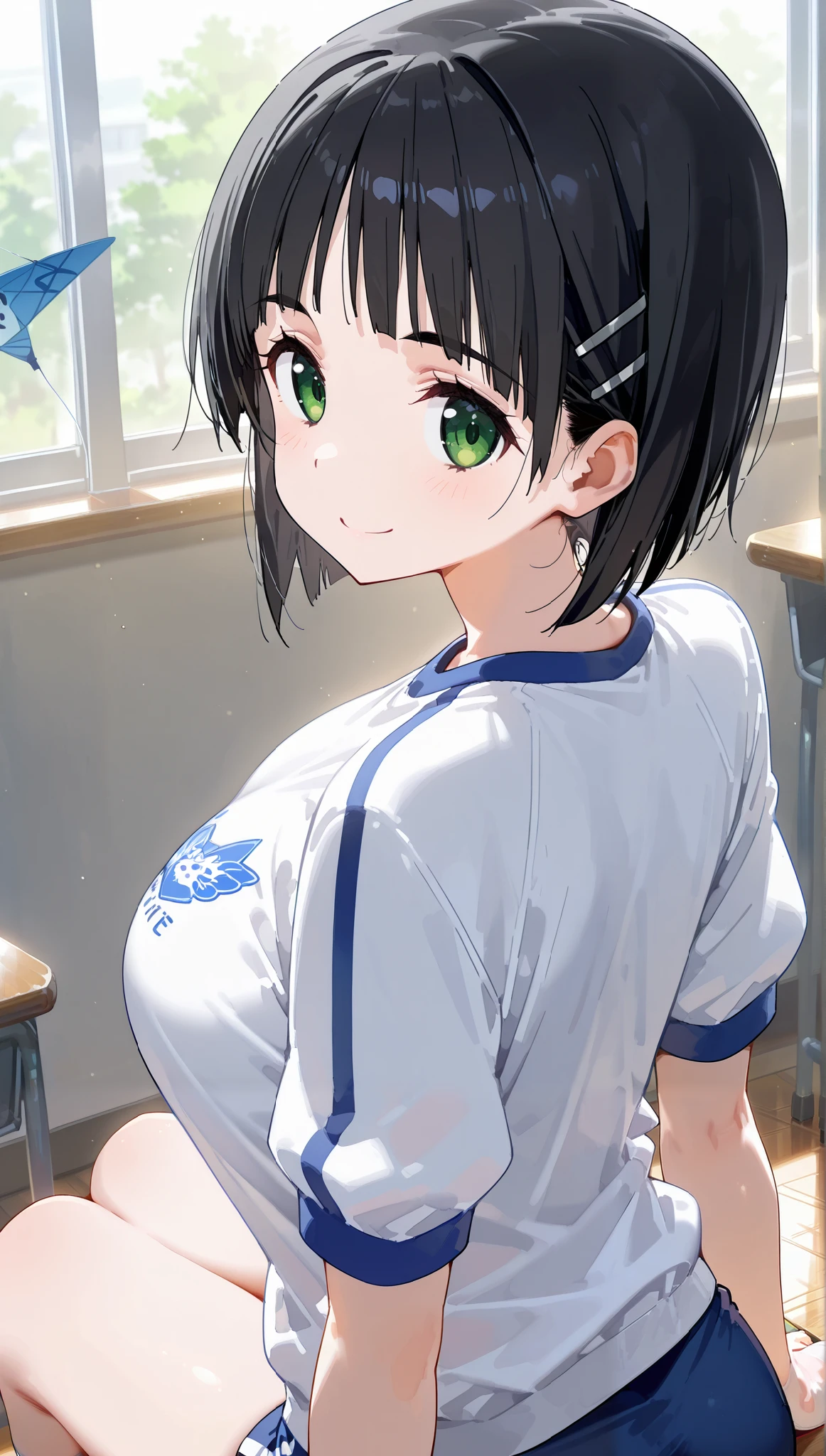 1girl ,
suguha kirigaya (character), 1girl , black hair, short hair, green eyes, large breasts ,white gym shirt, short sleeves,( blue kite), socks,Thighs,
back shot,looking back,upper body,close up face,from front,classroom,
happy smile,
(extremely detailed CG,masterpiece, highres icon,absurdres,4K),