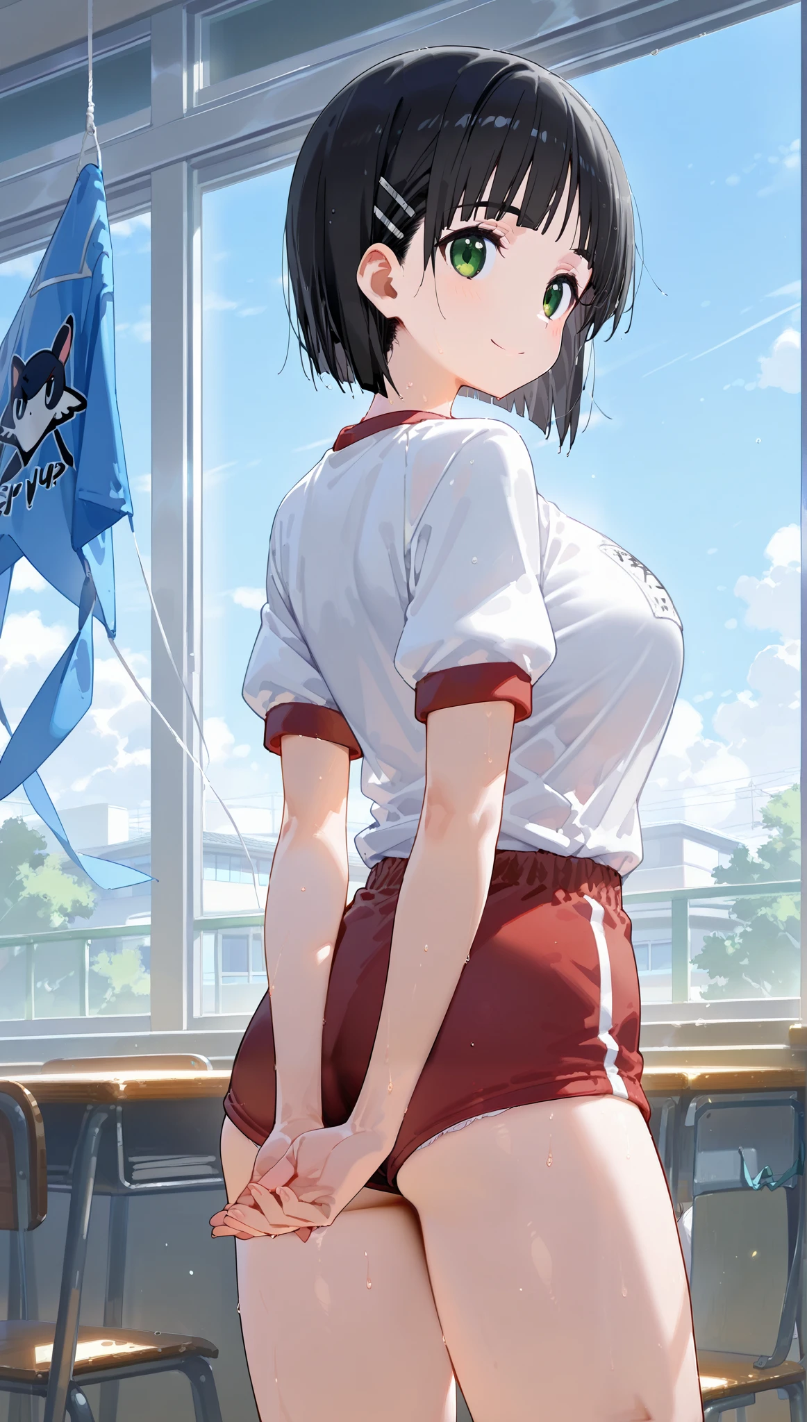 1girl ,
suguha kirigaya (character), 1girl , black hair, short hair, green eyes, large breasts ,white gym shirt, short sleeves,( blue kite), socks,Thighs,
back shot,looking back,upper body,close up face,from front,classroom,
happy smile,arms behind back,
(extremely detailed CG,masterpiece, highres icon,absurdres,4K),