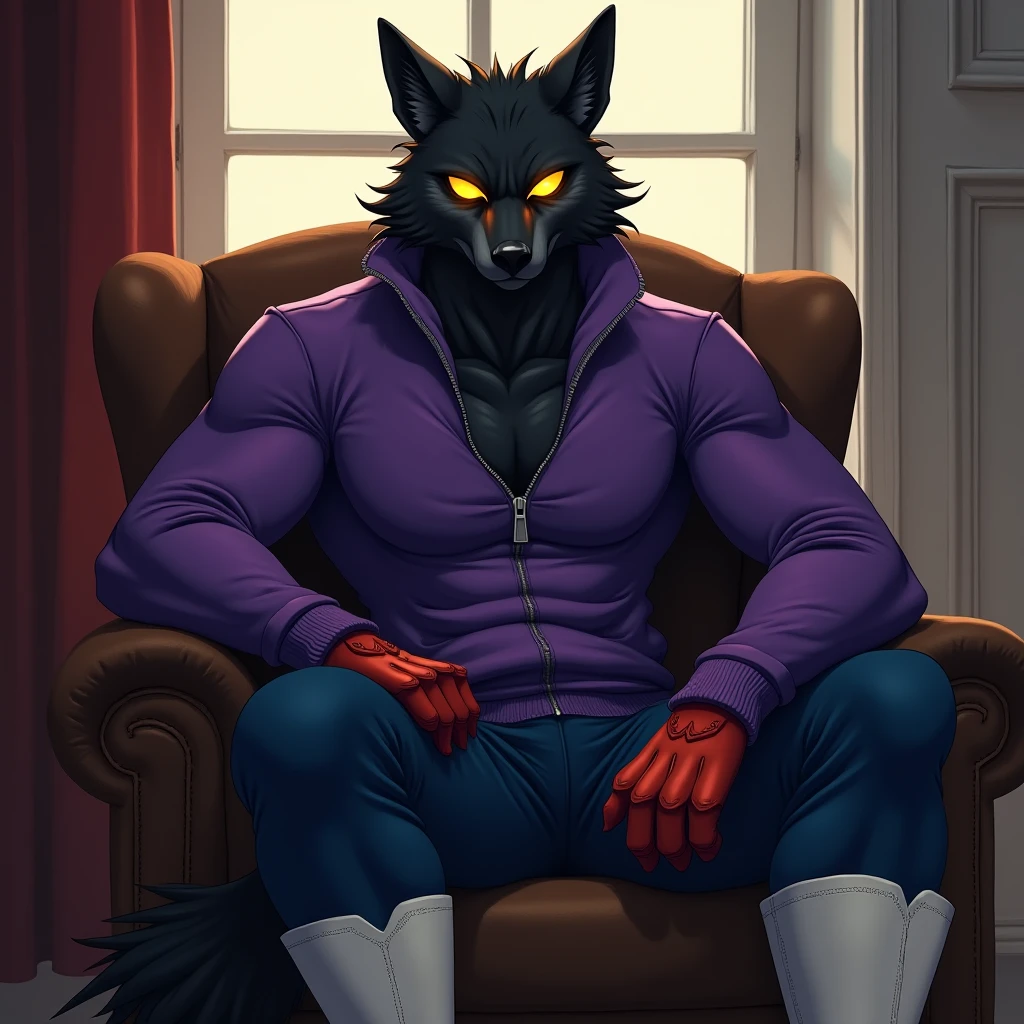 detailed face, detailed eyes, adult male, panther caroso, solo, sitting in an armchair with crossed legs, nude, naked, smirk, smug, seductive,