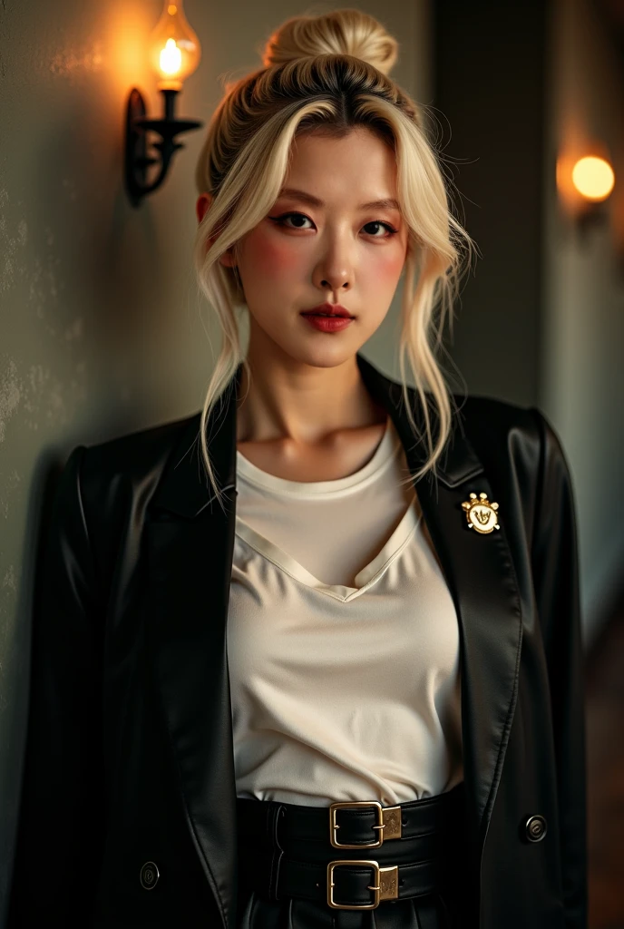 Artistic lighting, 独奏, Fine, Best Picture Quality, one-girl, short detailed hair, White gold blonde hair, Perfect facial features, False lashes, Black cropped blazer, The shirt, Black pantsuit, Medium and long-range shots:1.4