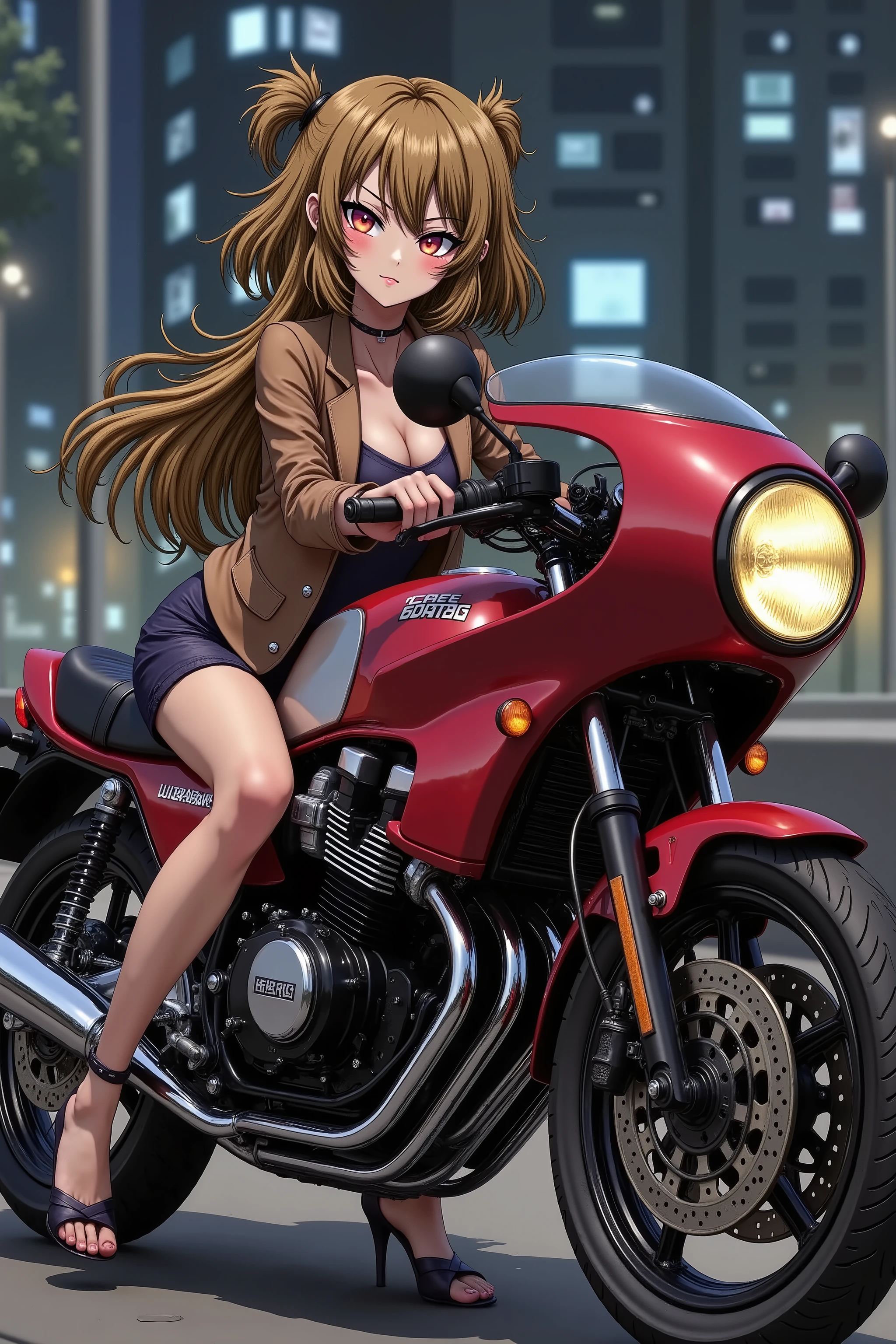 tuned cafe racer motorcycle:(Raiko-chan), 1983One girl riding a Honda CBX400F :( rocket cowl ), Matte Brown Skin , small breasts, yellow hair, top quality, textured skin, thin legs 、 high heels、 movie light effect , Big City Night View 、 cyberpunk city