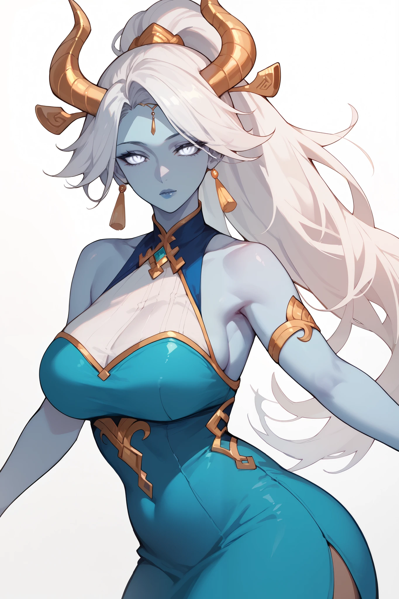 Mature Woman, blue skin, long hair, white hair, bangs, , golden horns,Ponytail,Hair jewelry, anime style,White eyes ,Aqua blue dress,