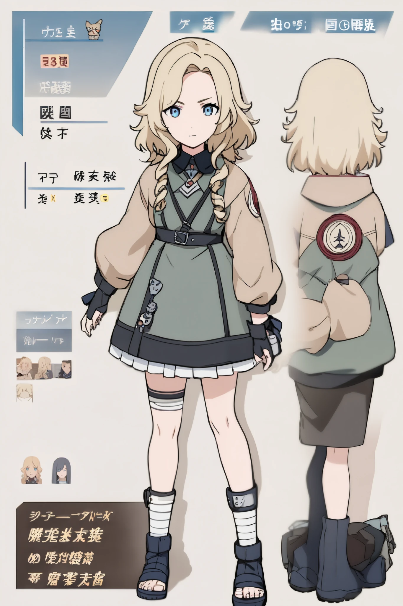 A girl, wavy blonde hair , blue eyes, full body character design