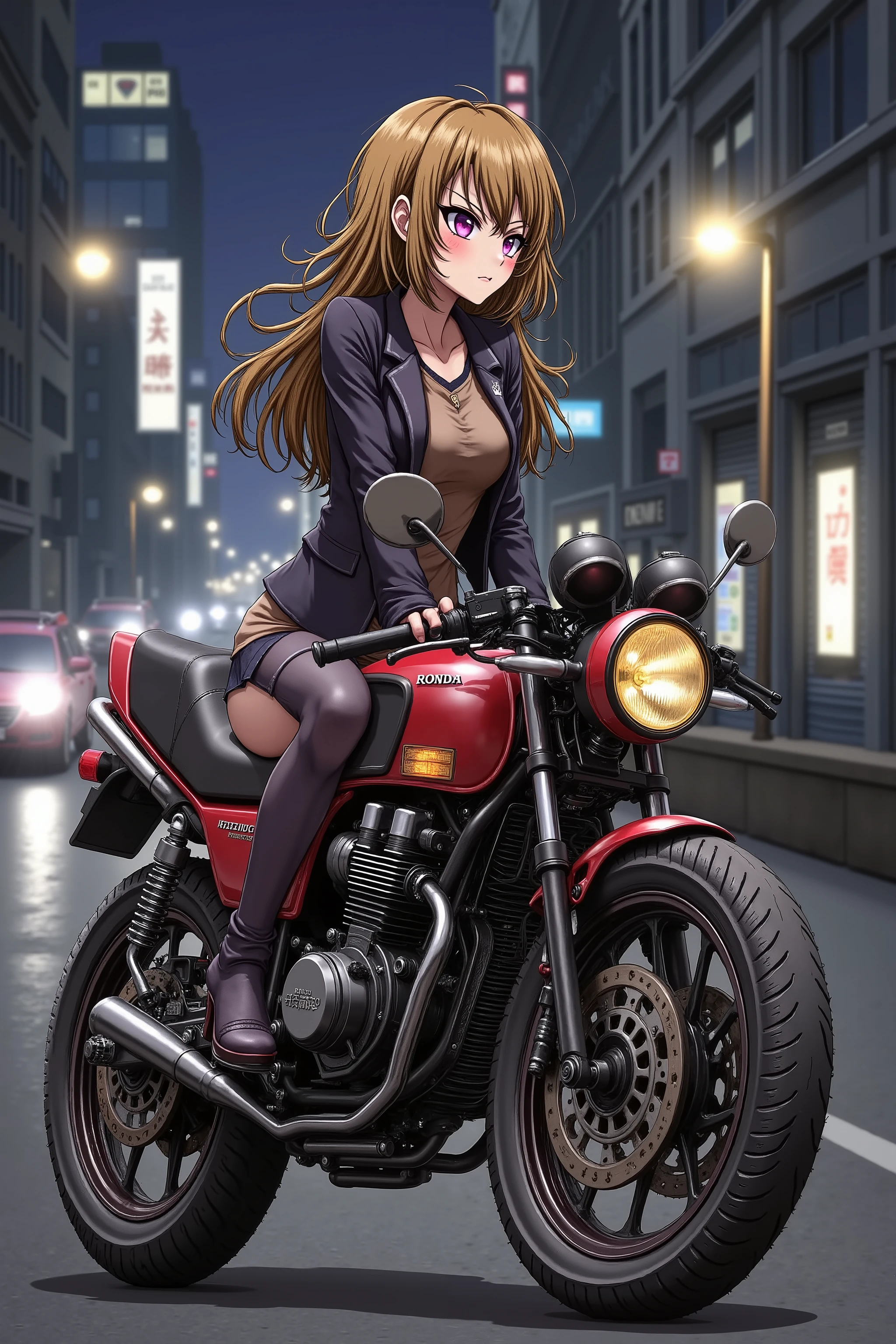 tuned cafe racer motorcycle:(Raiko-chan), 1983One girl riding a Honda CBX400F :( rocket cowl ), Matte Brown Skin , small breasts, yellow hair, top quality, textured skin, thin legs 、 high heels、 movie light effect , Big City Night View 、 cyberpunk city