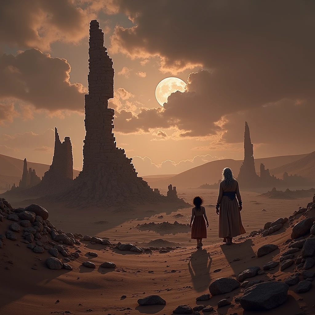  An old woman and a girl wander through a sandy desert and observe small ruined walls,  of collapsed low houses ,  destroyed in a gritty game concept art style .  The artwork should evoke a sense of desolation and futuristic despair ,  A post-apocalyptic world . Pay attention to the intricacies of the details ,  a sharp focus and a very detailed description of the ruined walls .  Get inspired by the artistic styles of Wayne Barlow and Zdislav Beksiński .  Deliver this image in film view format ,  depict the grim beauty of this decaying world .