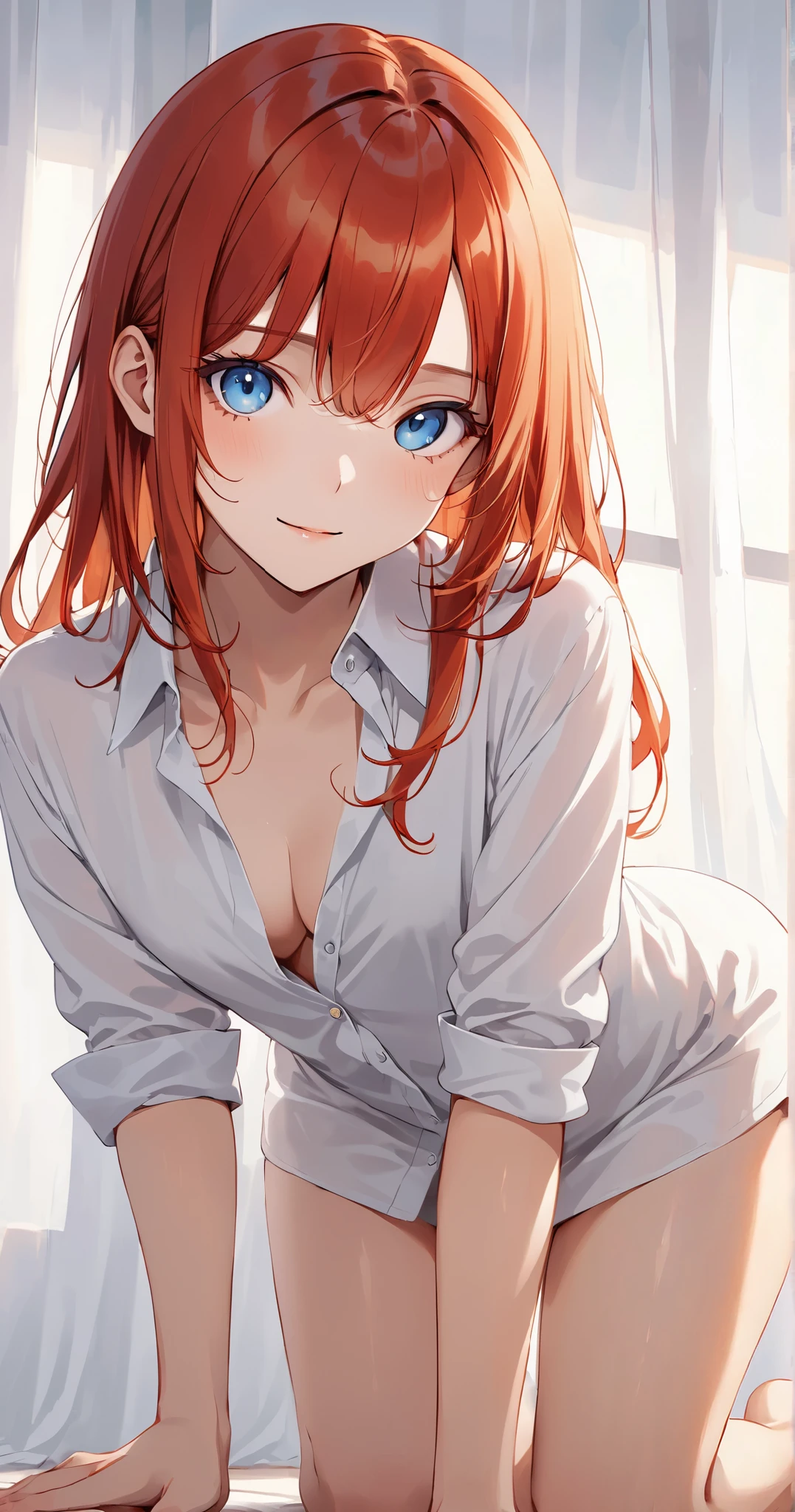 Full-body and Front view portrait of a tall, balanced-proportioned girl standing confidently in a tight frame.
Her 8-head tall body is posed with one foot slightly forward, creating a natural, Elegant posture.
She stands barefoot in a white room, her toes lightly touching the floor, exuding a sense of grace and innocence.

髪と表情の描写
Her medium-length light-red hair flows gently, framing her face with natural grace.
Her eyes shine with a provocative yet intelligent charm, glancing at the viewer with a cool and seductive gaze.
Her thoughtful smile conveys confidence and allure, blending intelligence with beauty.

服装と質感
She is wearing an oversized men's white dress shirt, subtly wrinkled at the hem for a natural look, with sleeves rolled up casually.
The unbuttoned chest reveals her cleavage, and the shirt hangs loosely from her body, creating a "tent shirt" effect.
The soft fabric contrasts beautifully with her pale, glowing skin.

小物と足元
The hem of the shirt barely covers her thighs, emphasizing her long, slender legs and the soft curves of her figure.
Her simple undergarments are subtly visible, adding a sense of natural elegance to her appearance.

背景と光の表現
The minimalist white room serves as a serene backdrop, with large windows allowing sunlight to flood in.
The warm light highlights her smooth curves and creates subtle shadows, enhancing the atmosphere of the scene.

全体の仕上げ
masterpiece, best quality, ultra-detailed, 8k resolution, illustration, perfect anatomy,  1girl , nice hands, perfect hand,
sharp focus, crisp details, vibrant details, 2D anime style.
beautiful face, detailed face, detailed eyes,

