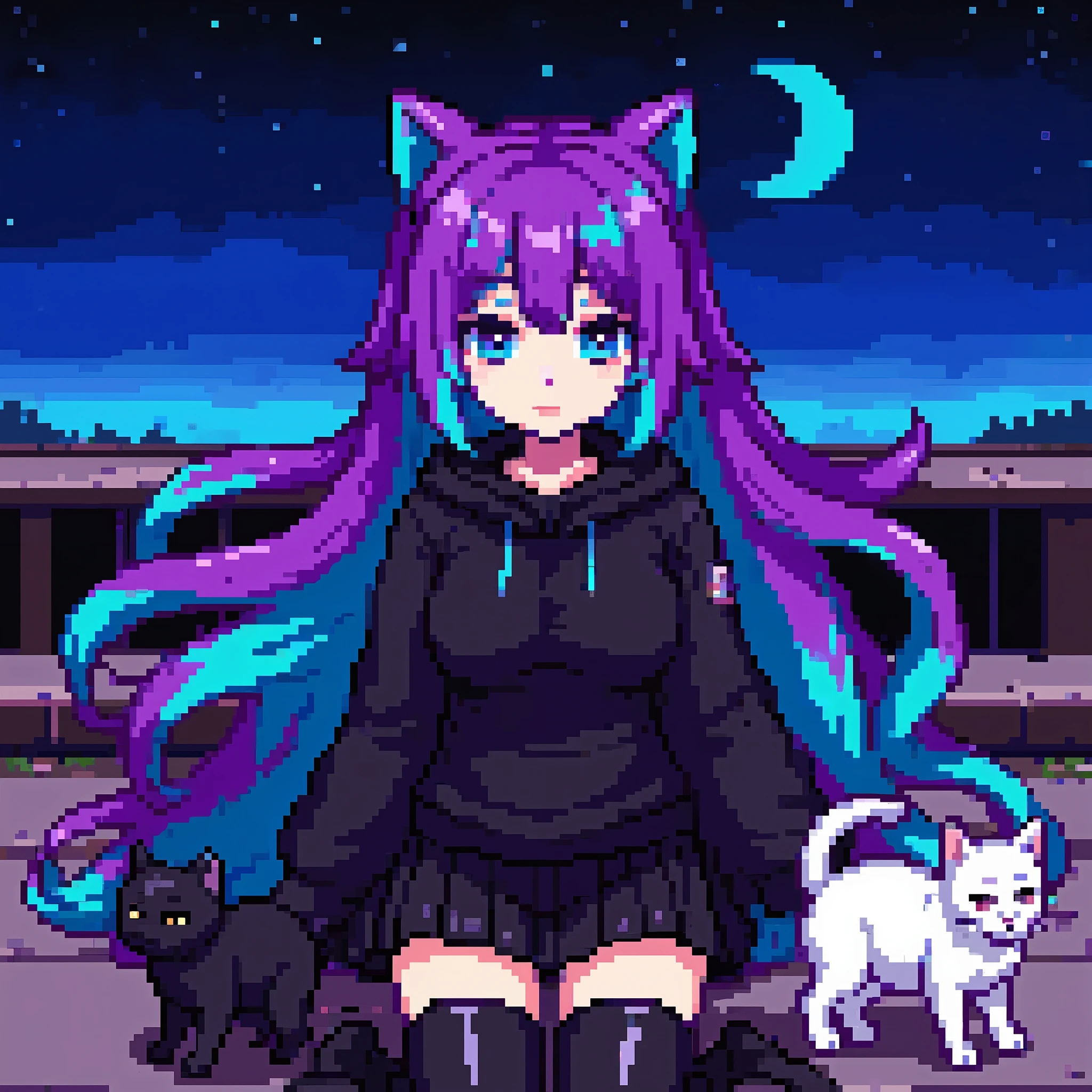 Pixel art girl, goth aesthetic. Purple ombre turquoise hair. 1 black cat. 1 white cat. Moon. Stars in sky. Night time. Long Hair, Hair Clip, Best Quality, High Resolution, side parting hair. black hoody. Black skirt. thigh high socks, boots, Sitting.