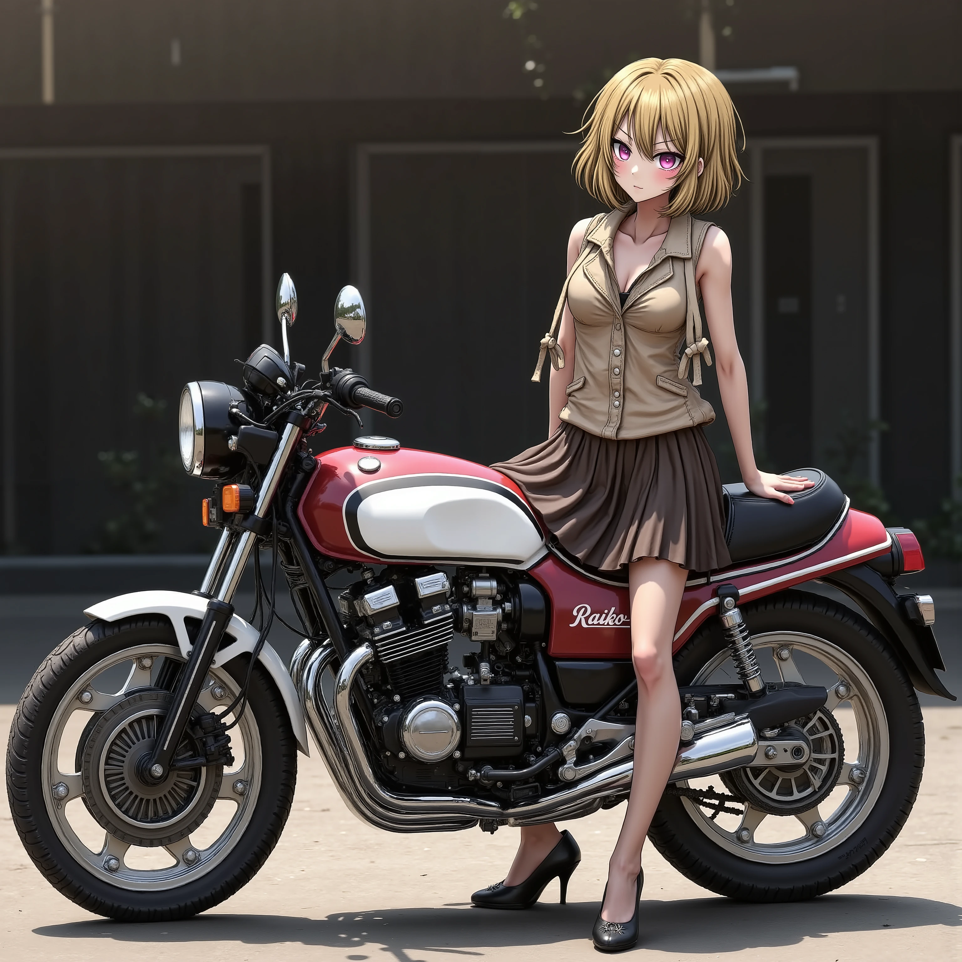  girl :(Raiko-chan), Cafe Racer stands next to a tuned motorcycle、 Matte Brown Skin ,  small breasts, yellow hair,  ,  top quality,   textured skin,  thin legs  、  high heels、  movie light effect , anime 