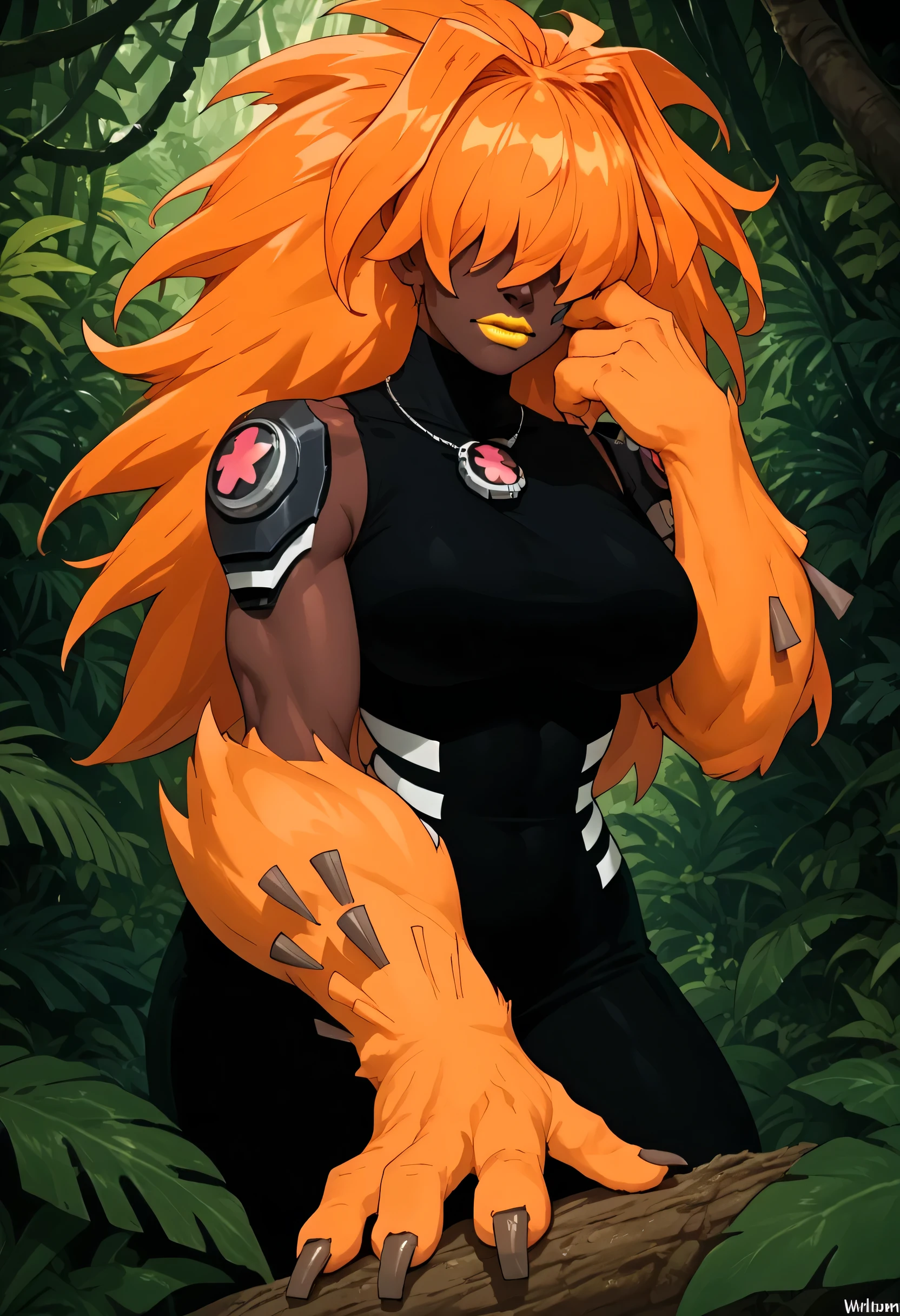 woman, , yellow lipstick, anime style, orange hair, hair covering eyes, black skin, jungle, claws, beast, beast woman, strong, big hair, Wildmutt, Vulpimancer chaquetrix