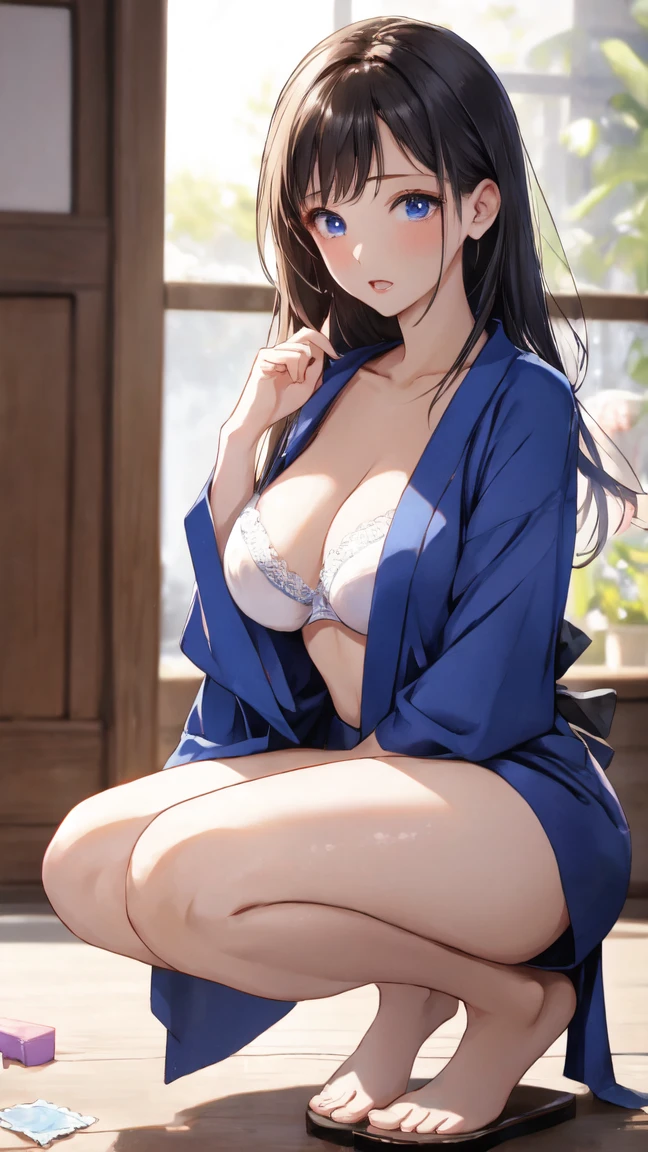 ((masterpiece)), ((best quality)), (ultra-detailed), (realistic), beautiful face, detailed hands, expressive eyes, 1girl, solo, mature female, milf, motherly, forehead, big breasts, narrow waist, wide hips, curvy, (straight hair, long hair, high ponytail, dark hair, dark eyes, blue kimono, cleavage), dojo, looking at viewer, cowboy shot, seductive smile, sitting